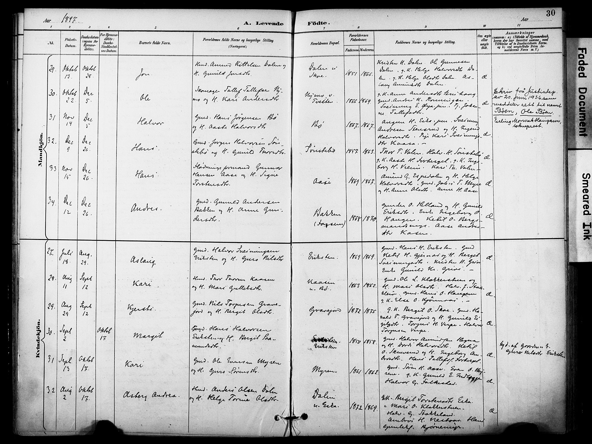 Bø kirkebøker, AV/SAKO-A-257/F/Fa/L0011: Parish register (official) no. 11, 1892-1900, p. 30