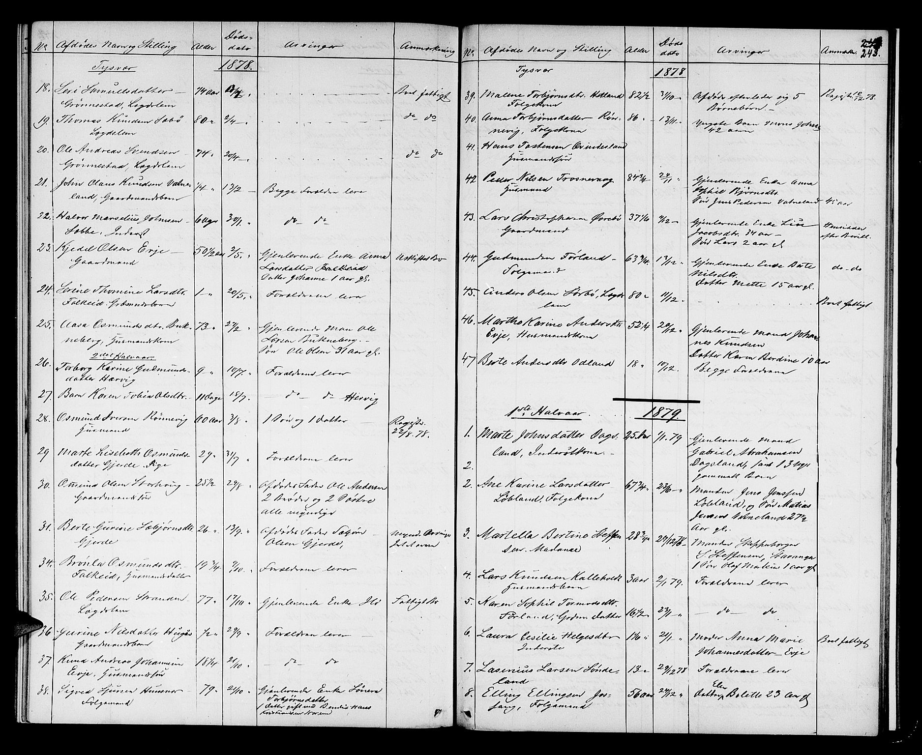 Karmsund sorenskriveri, SAST/A-100311/01/IV/IVAB/L0002: DØDSFALLSPROT. SKUD/AV/TORV/SKJOLD/TYSVÆR, 1862-1901, p. 242b-243a