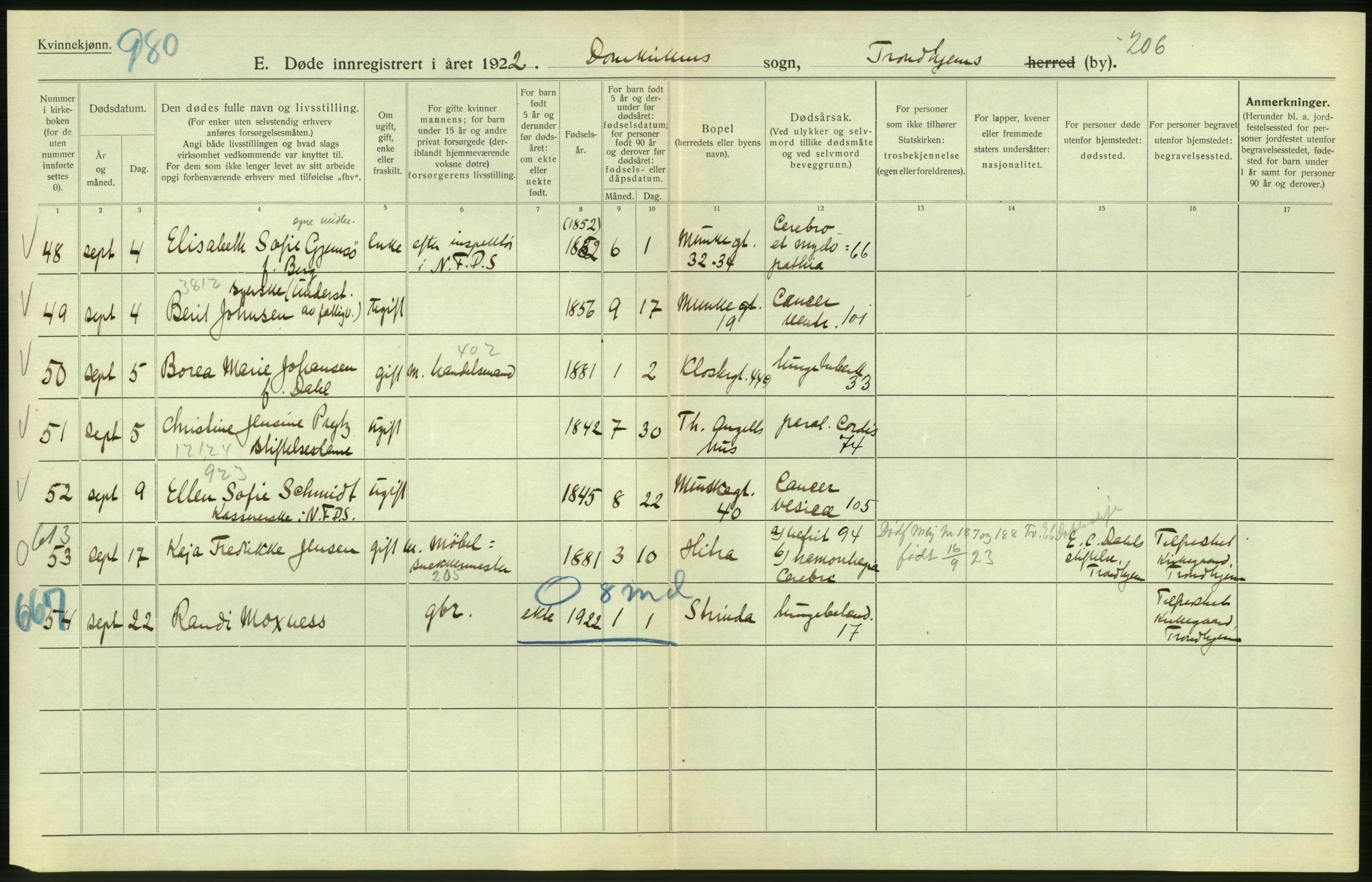 Statistisk sentralbyrå, Sosiodemografiske emner, Befolkning, AV/RA-S-2228/D/Df/Dfc/Dfcb/L0040: Trondheim: Gifte, døde, dødfødte., 1922, p. 224