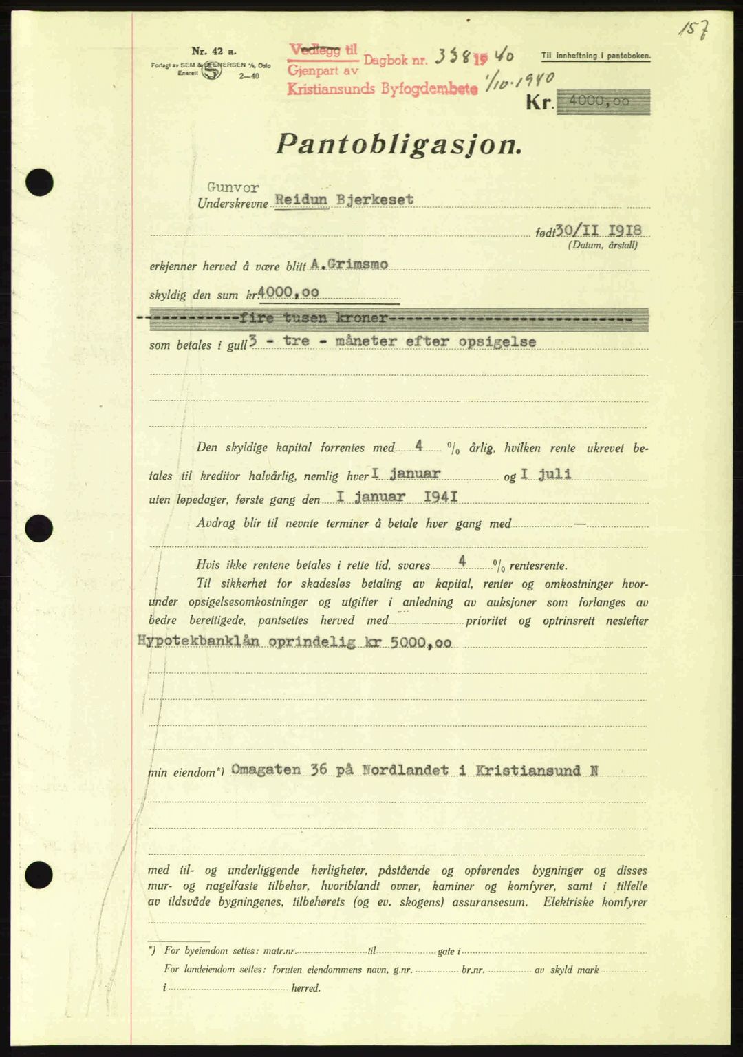 Kristiansund byfogd, AV/SAT-A-4587/A/27: Mortgage book no. 33, 1939-1941, Diary no: : 338/1940