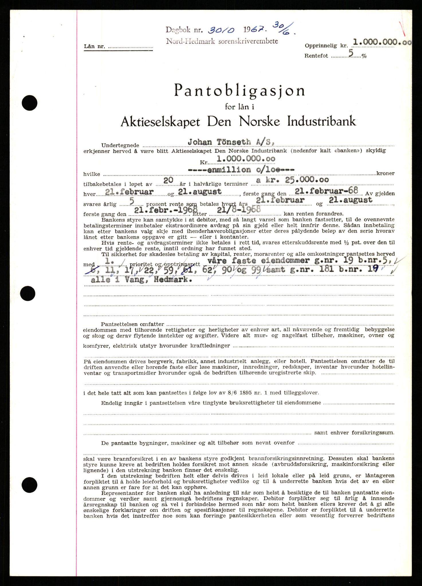 Nord-Hedmark sorenskriveri, SAH/TING-012/H/Hb/Hbf/L0071: Mortgage book no. B71, 1967-1967, Diary no: : 3010/1967