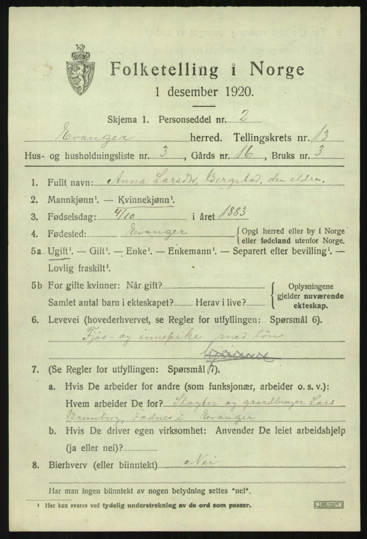 SAB, 1920 census for Evanger, 1920, p. 3903