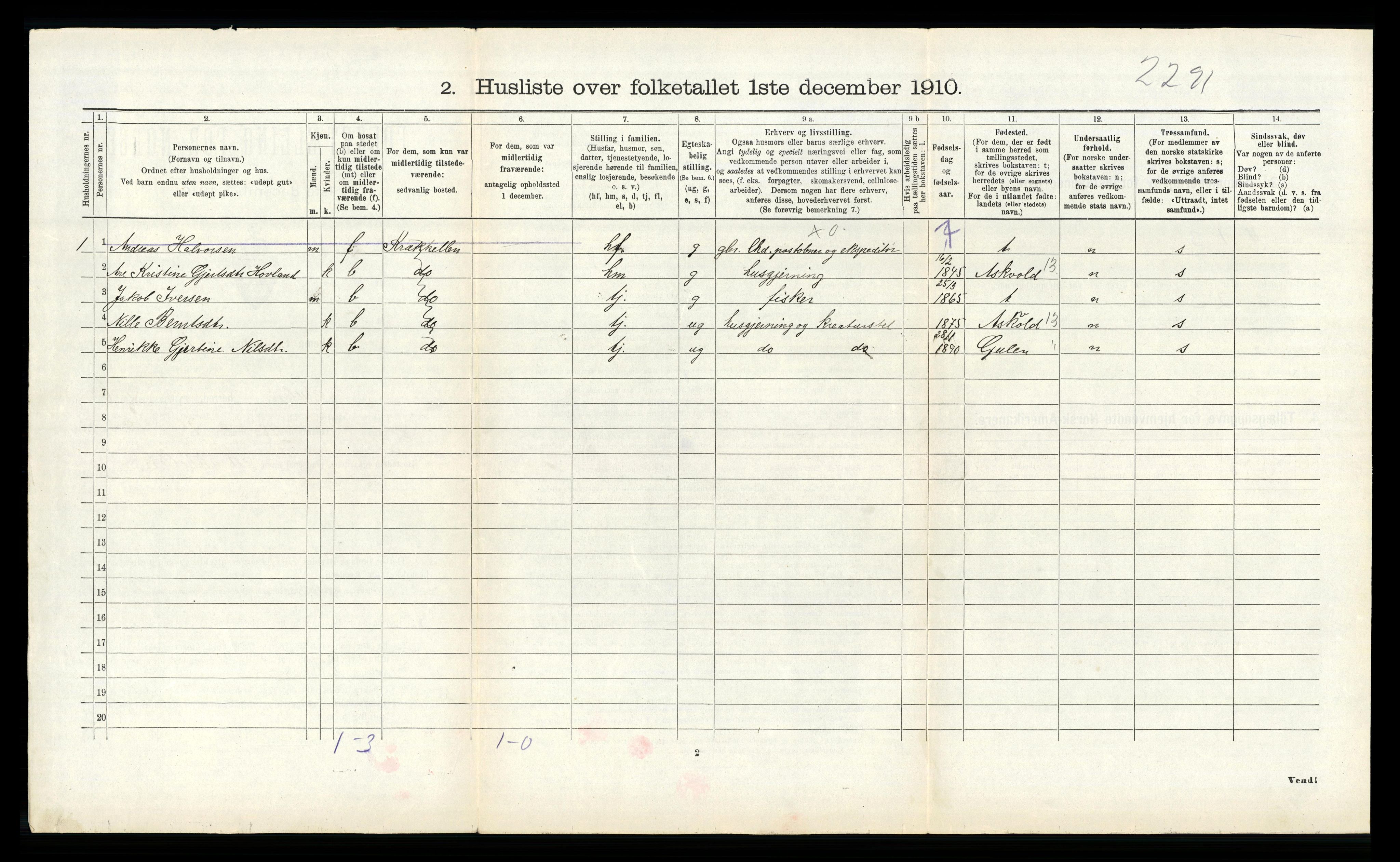 RA, 1910 census for Solund, 1910, p. 480