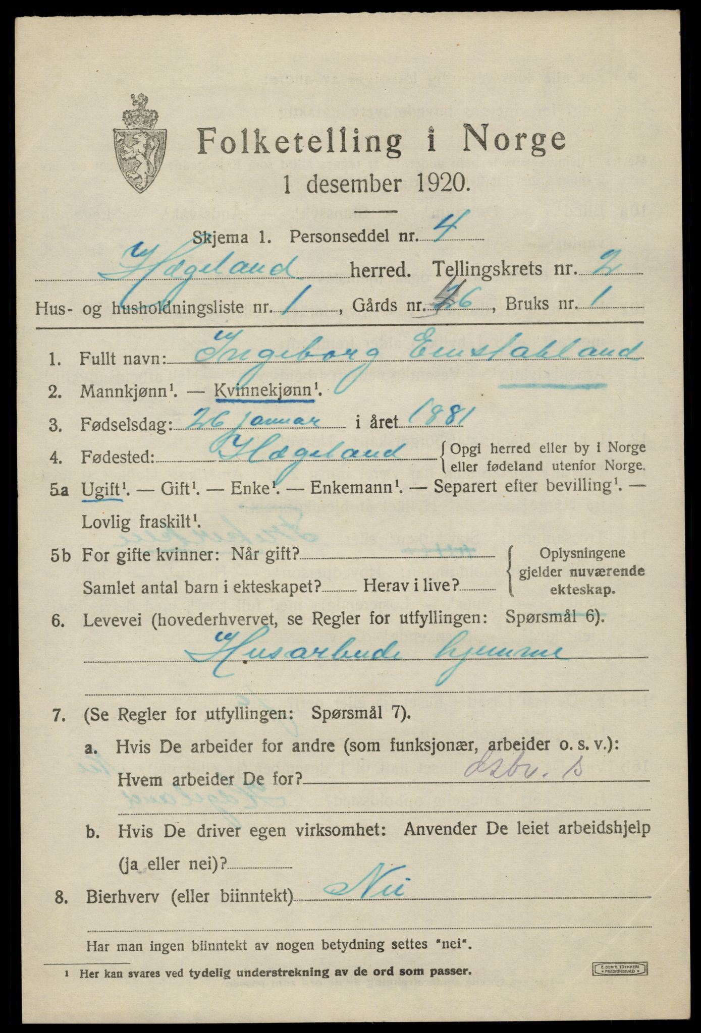SAK, 1920 census for Hægeland, 1920, p. 617