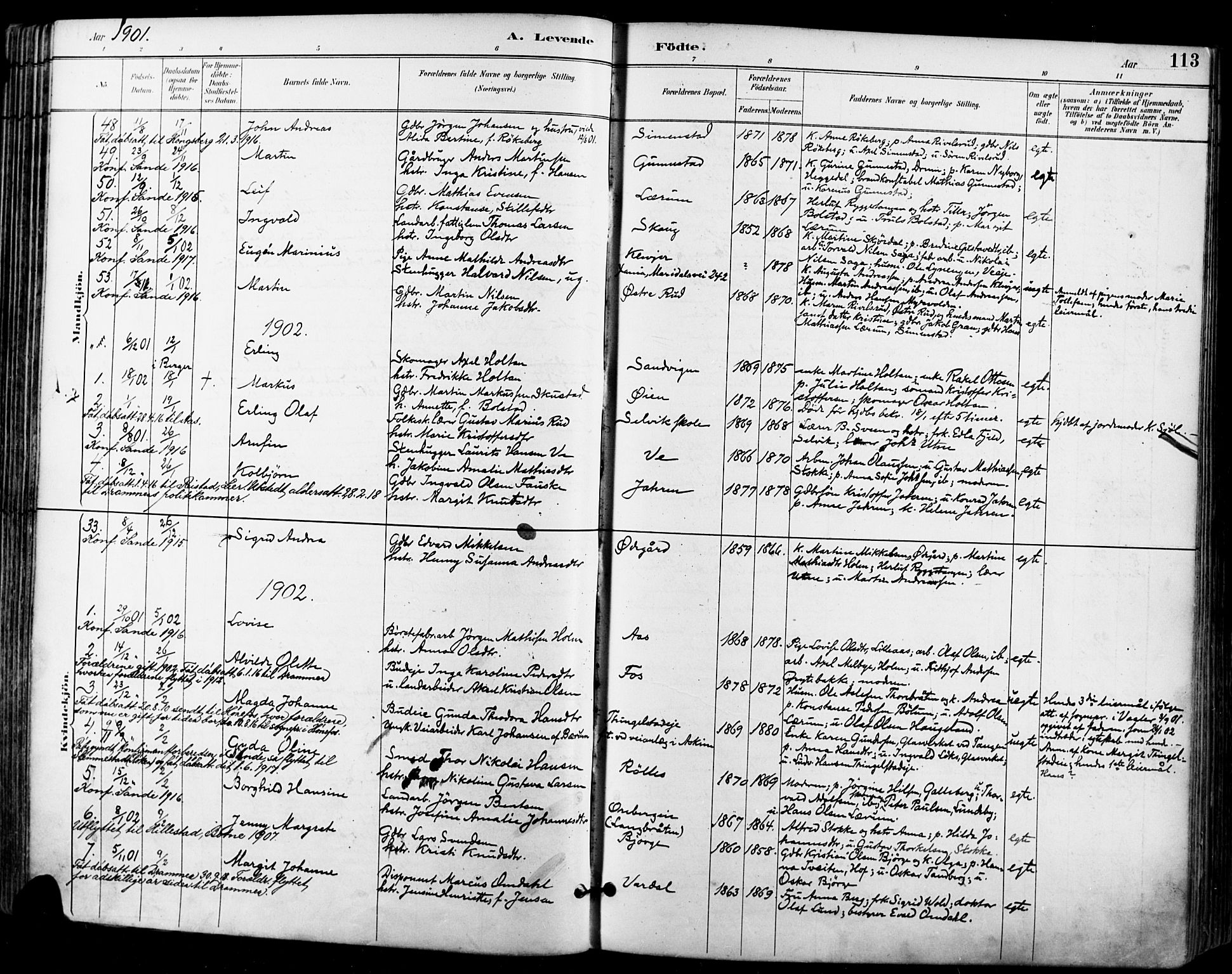 Sande Kirkebøker, AV/SAKO-A-53/F/Fa/L0007: Parish register (official) no. 7, 1888-1903, p. 113