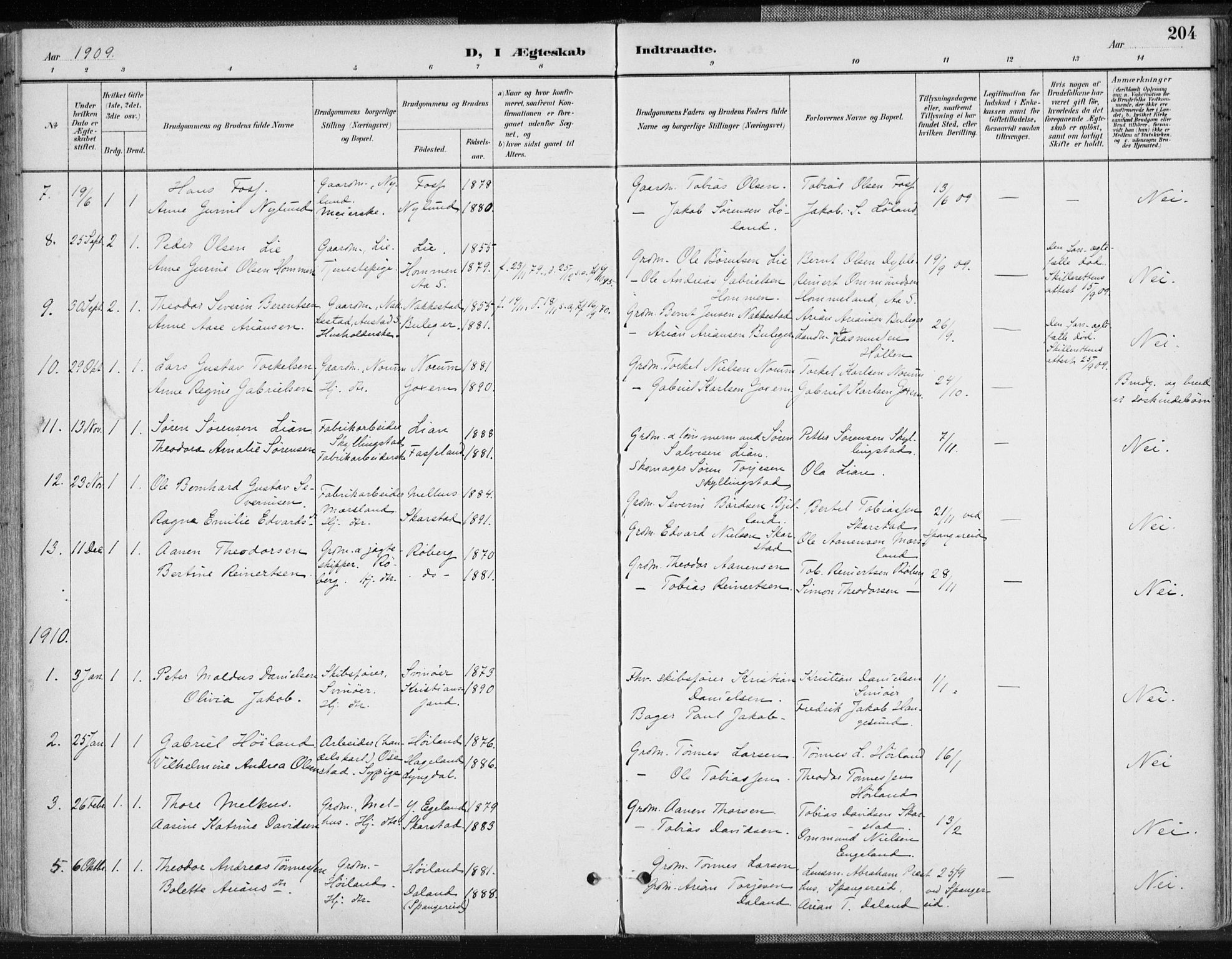 Sør-Audnedal sokneprestkontor, AV/SAK-1111-0039/F/Fa/Fab/L0010: Parish register (official) no. A 10, 1892-1913, p. 204