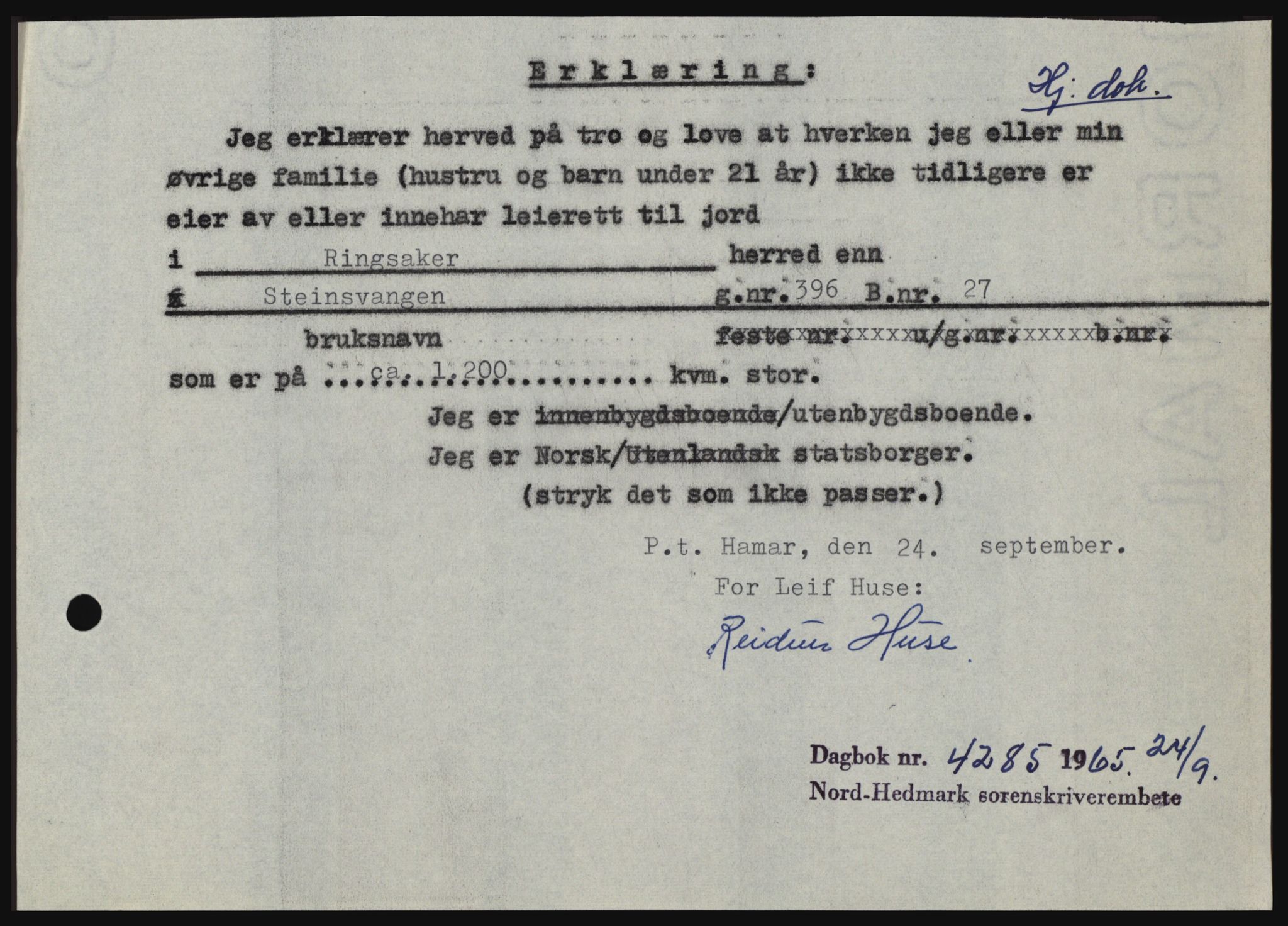 Nord-Hedmark sorenskriveri, SAH/TING-012/H/Hc/L0022: Mortgage book no. 22, 1965-1965, Diary no: : 4285/1965