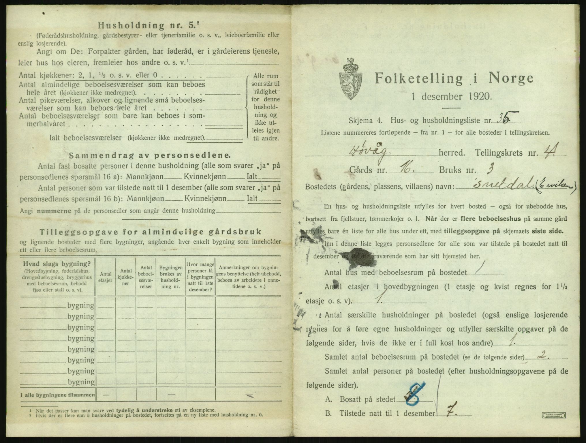 SAK, 1920 census for Høvåg, 1920, p. 386