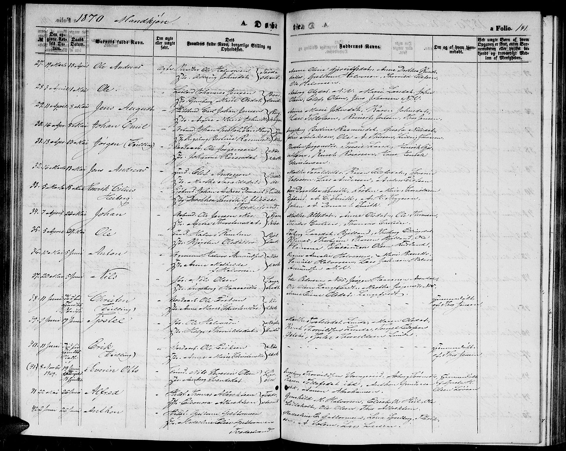 Holt sokneprestkontor, AV/SAK-1111-0021/F/Fb/L0008: Parish register (copy) no. B 8, 1858-1871, p. 141