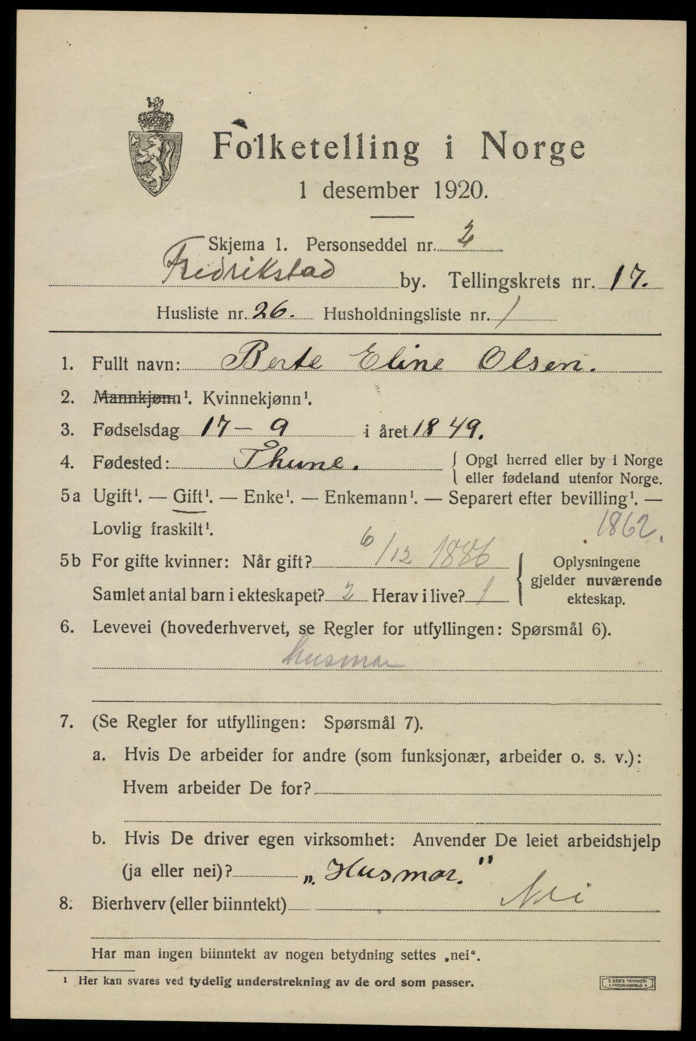 SAO, 1920 census for Fredrikstad, 1920, p. 39253