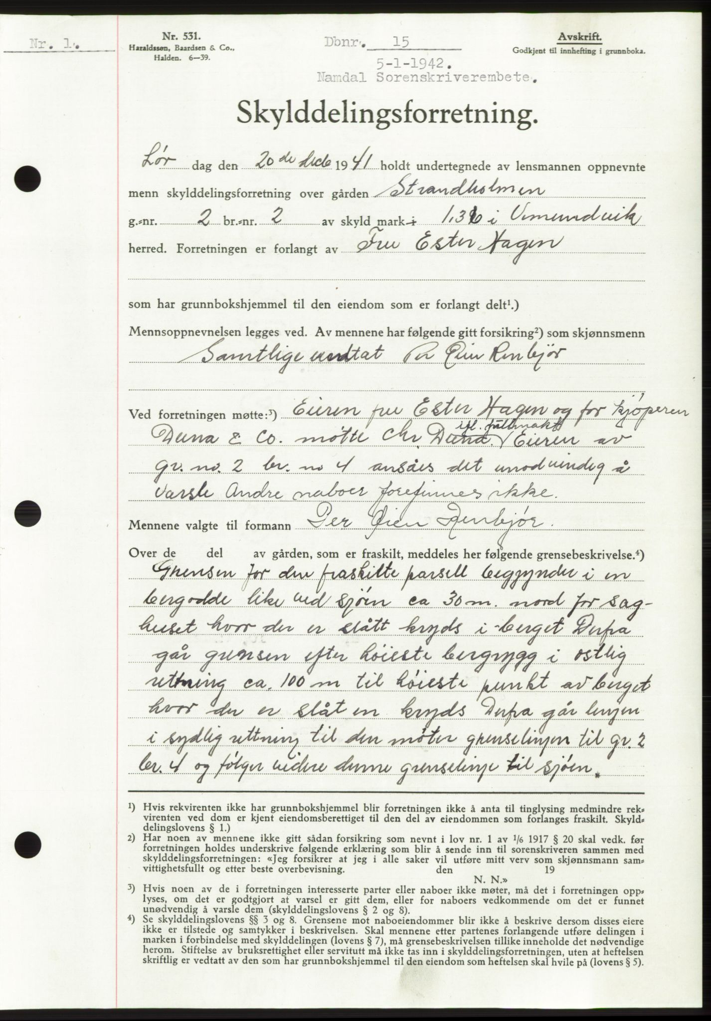 Namdal sorenskriveri, SAT/A-4133/1/2/2C: Mortgage book no. -, 1941-1942, Diary no: : 15/1942