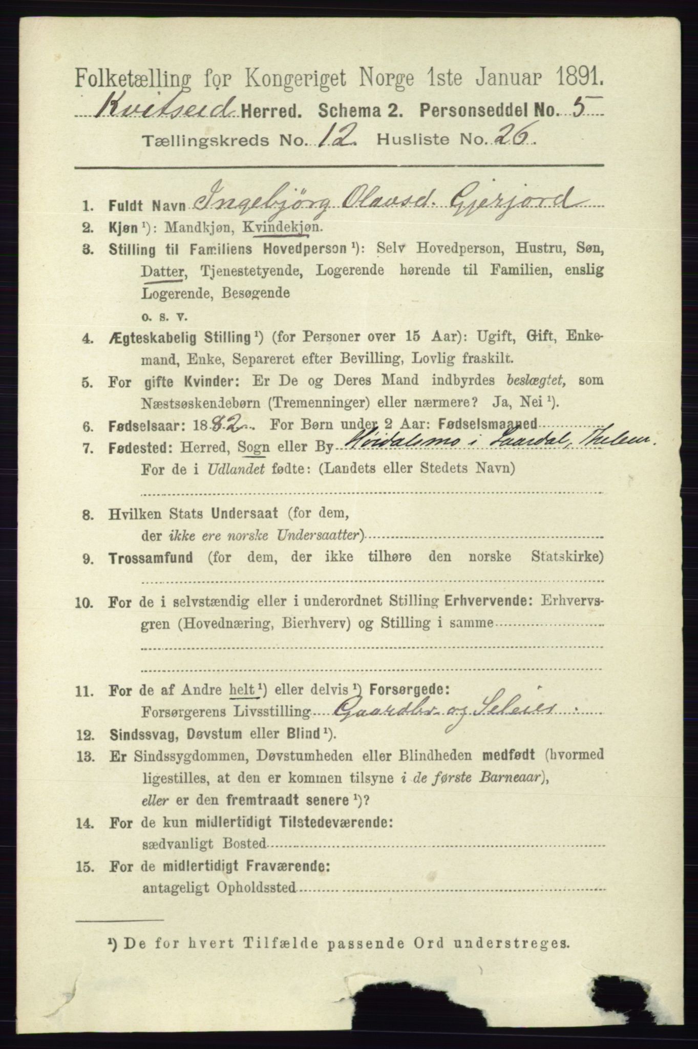 RA, 1891 census for 0829 Kviteseid, 1891, p. 3037