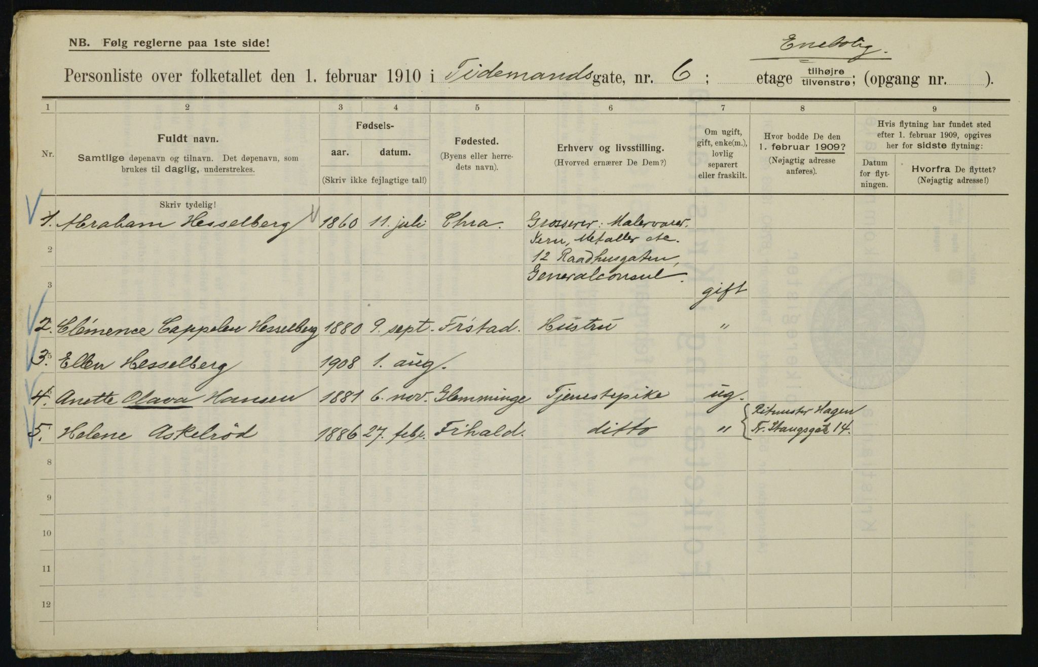 OBA, Municipal Census 1910 for Kristiania, 1910, p. 105714