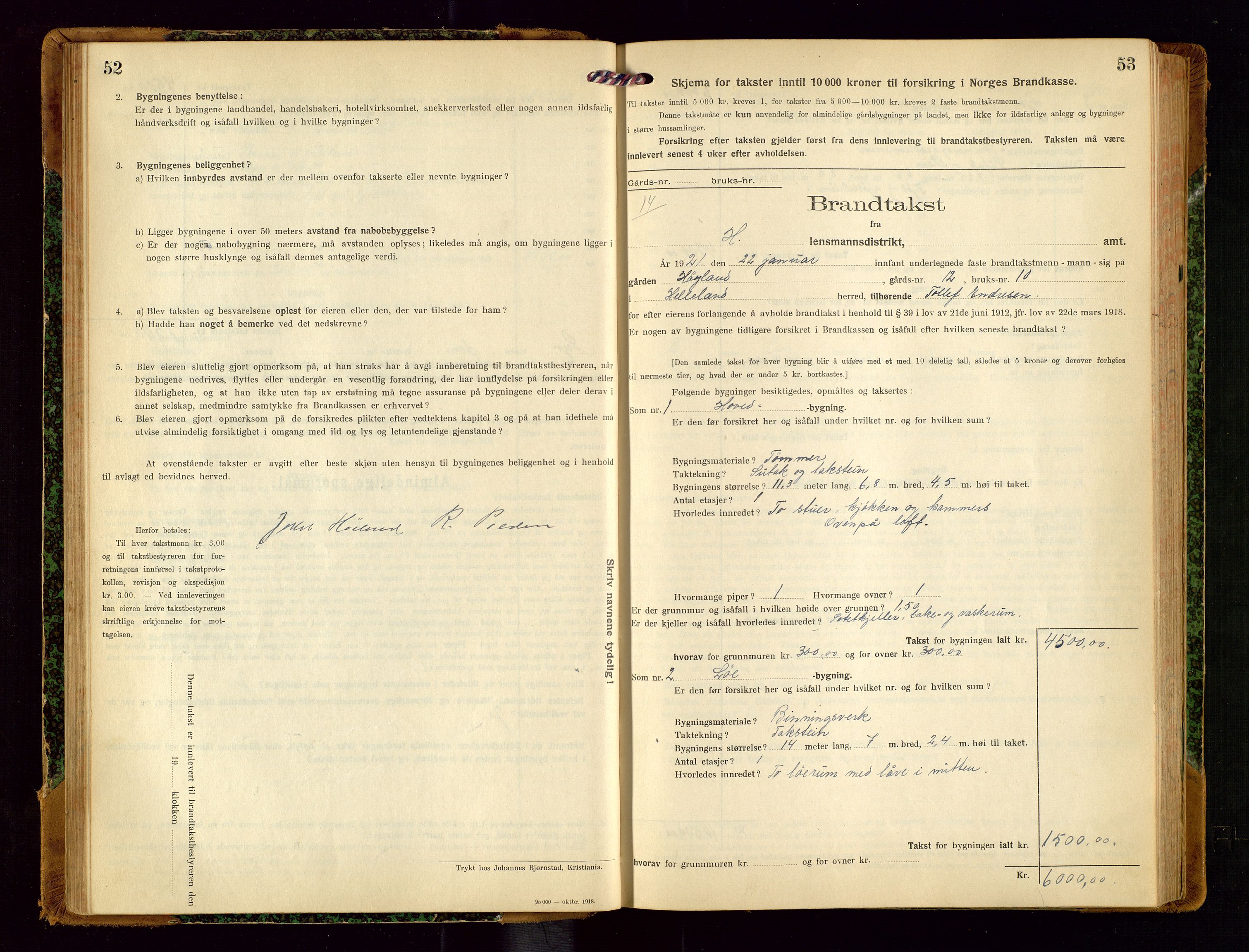 Helleland lensmannskontor, AV/SAST-A-100209/Gob/L0002: "Brandtakstprotokoll", 1921-1930, p. 52-53