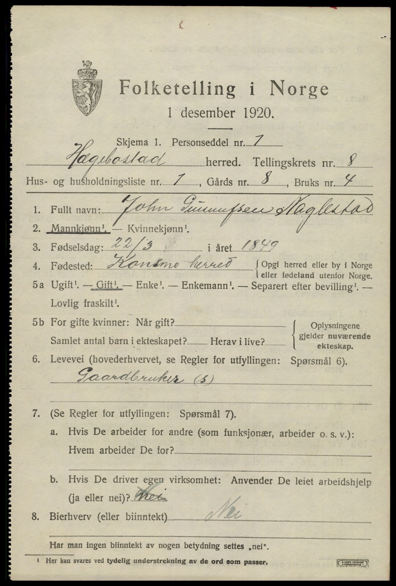 SAK, 1920 census for Hægebostad, 1920, p. 2187