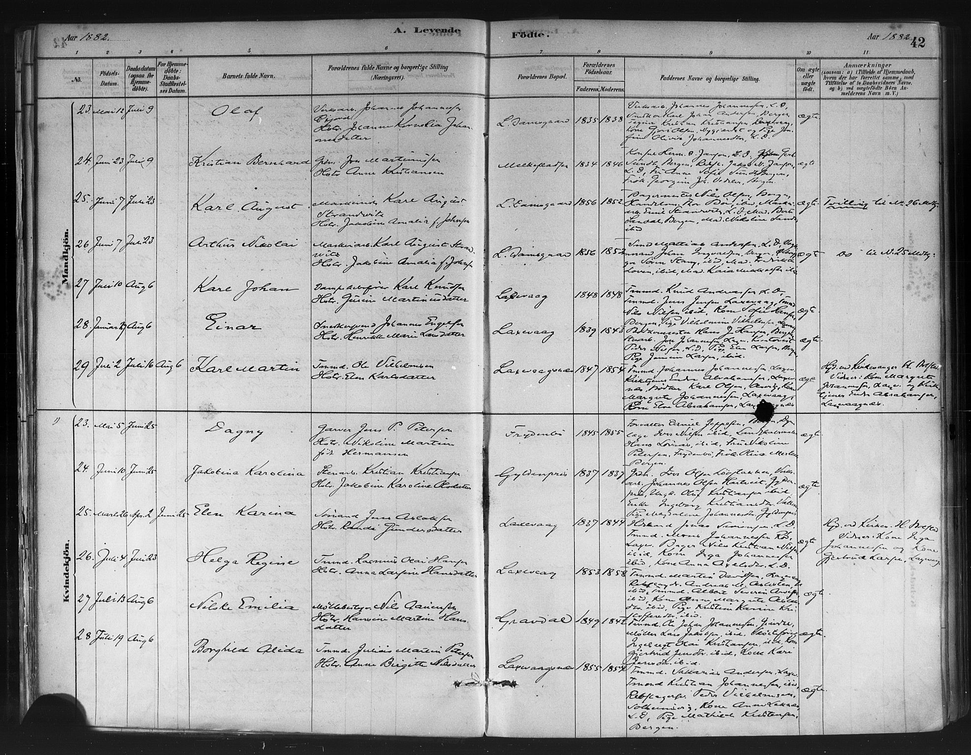 Askøy Sokneprestembete, AV/SAB-A-74101/H/Ha/Haa/Haae/L0002: Parish register (official) no. E 2, 1878-1891, p. 42