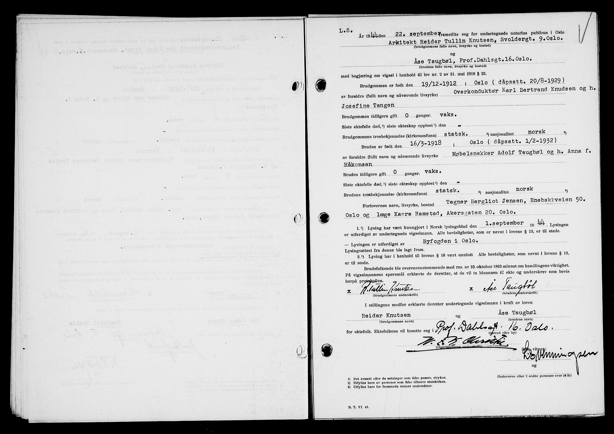 Oslo byfogd avd. I, AV/SAO-A-10220/L/Lb/Lbb/L0051: Notarialprotokoll, rekke II: Vigsler, 1944