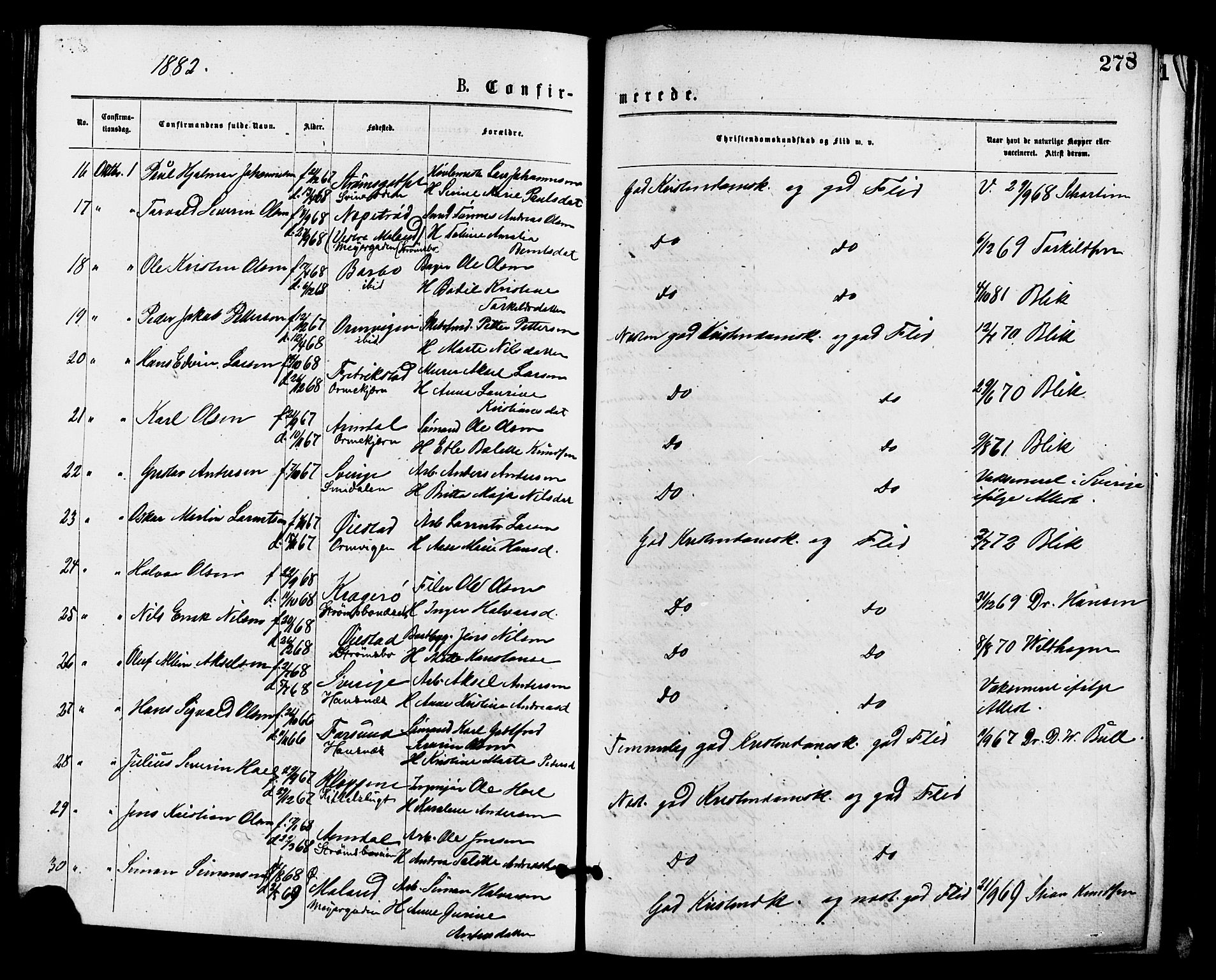 Barbu sokneprestkontor, AV/SAK-1111-0003/F/Fa/L0001: Parish register (official) no. A 1 /1, 1878-1883, p. 278