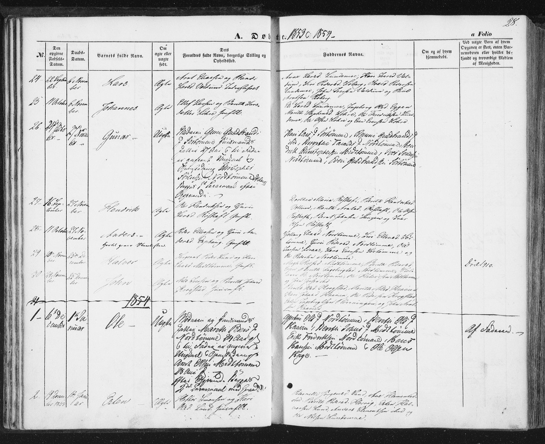 Ministerialprotokoller, klokkerbøker og fødselsregistre - Sør-Trøndelag, SAT/A-1456/692/L1103: Parish register (official) no. 692A03, 1849-1870, p. 28