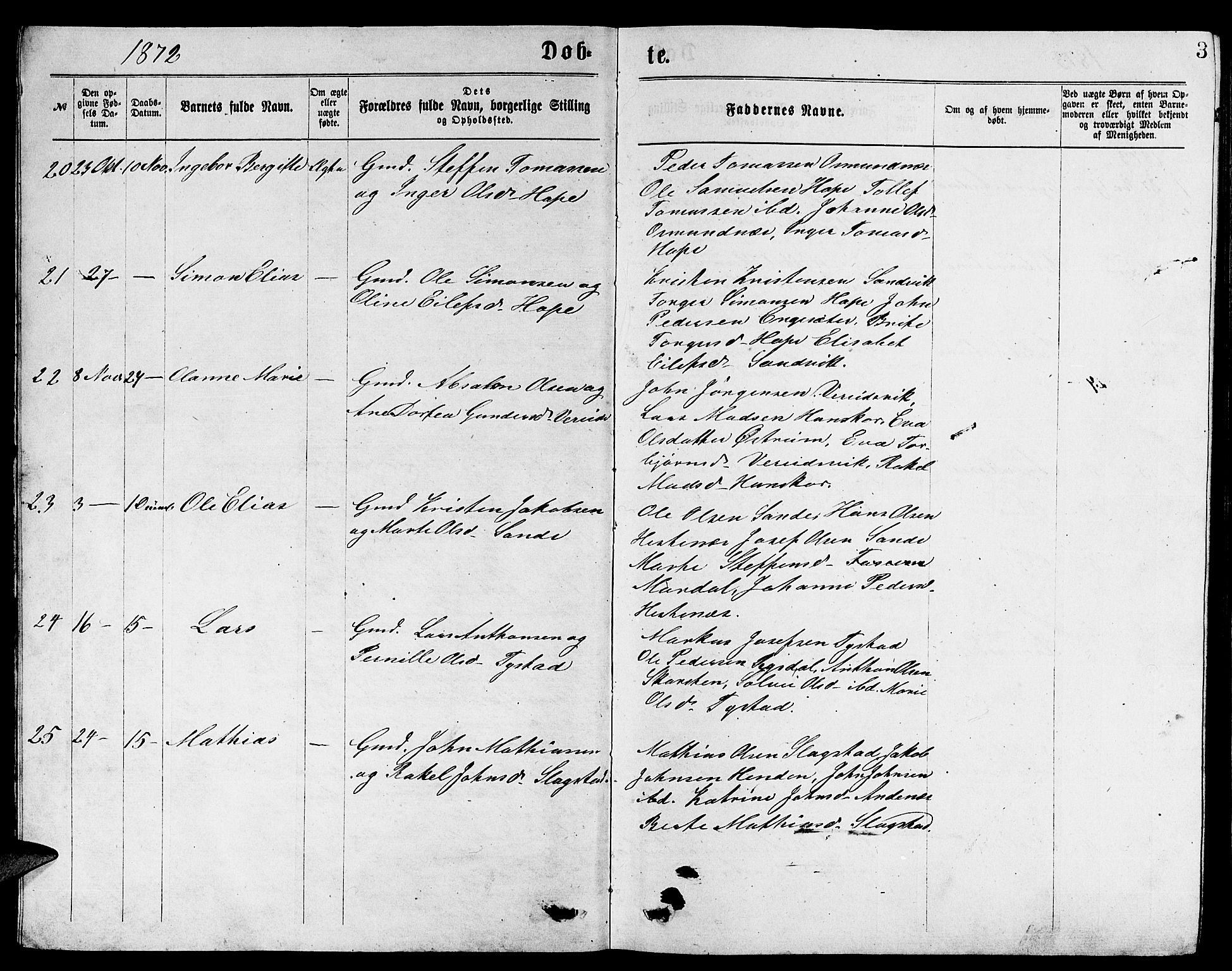 Gloppen sokneprestembete, AV/SAB-A-80101/H/Hab/Habb/L0001: Parish register (copy) no. B 1, 1872-1888, p. 3