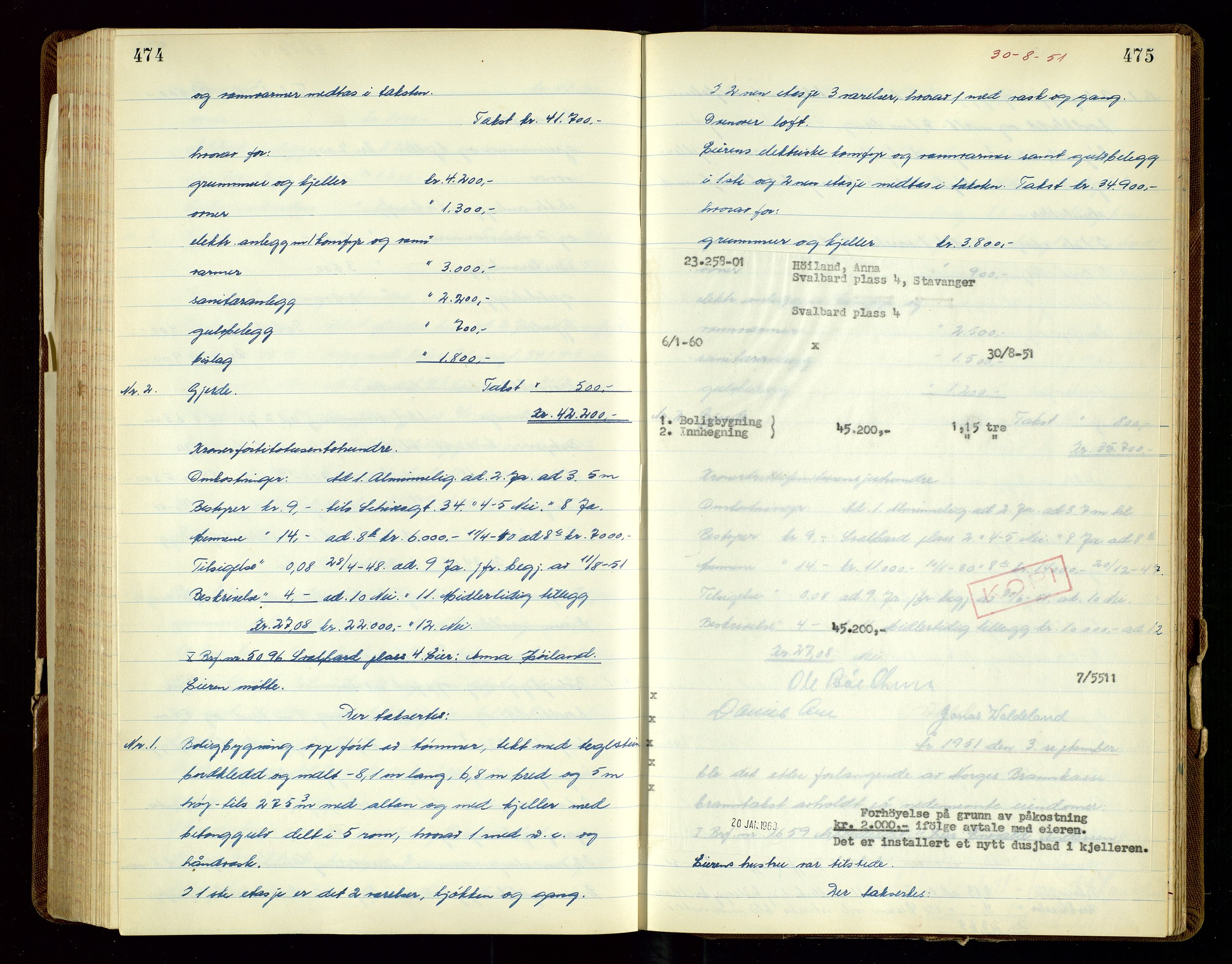 Norges Brannkasse Stavanger, AV/SAST-A-102143/F/Fd/L0038: Branntaksprotokoll nr. 49, 1950-1951, p. 474-475