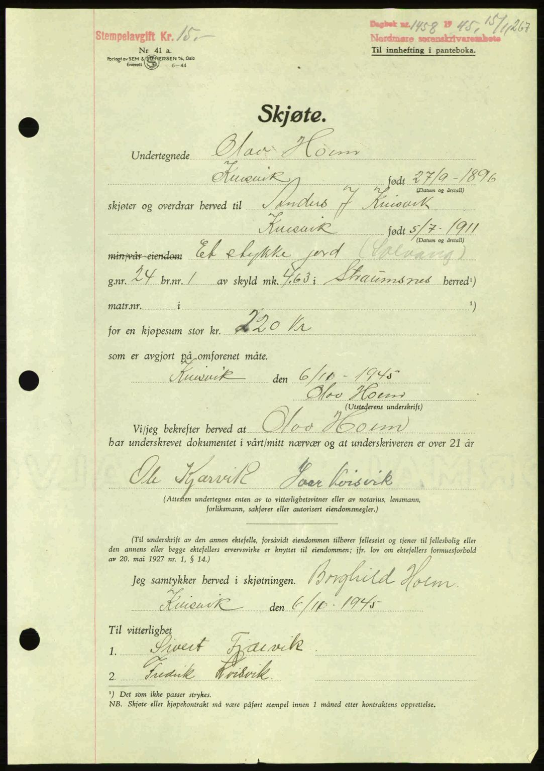 Nordmøre sorenskriveri, AV/SAT-A-4132/1/2/2Ca: Mortgage book no. A100a, 1945-1945, Diary no: : 1458/1945