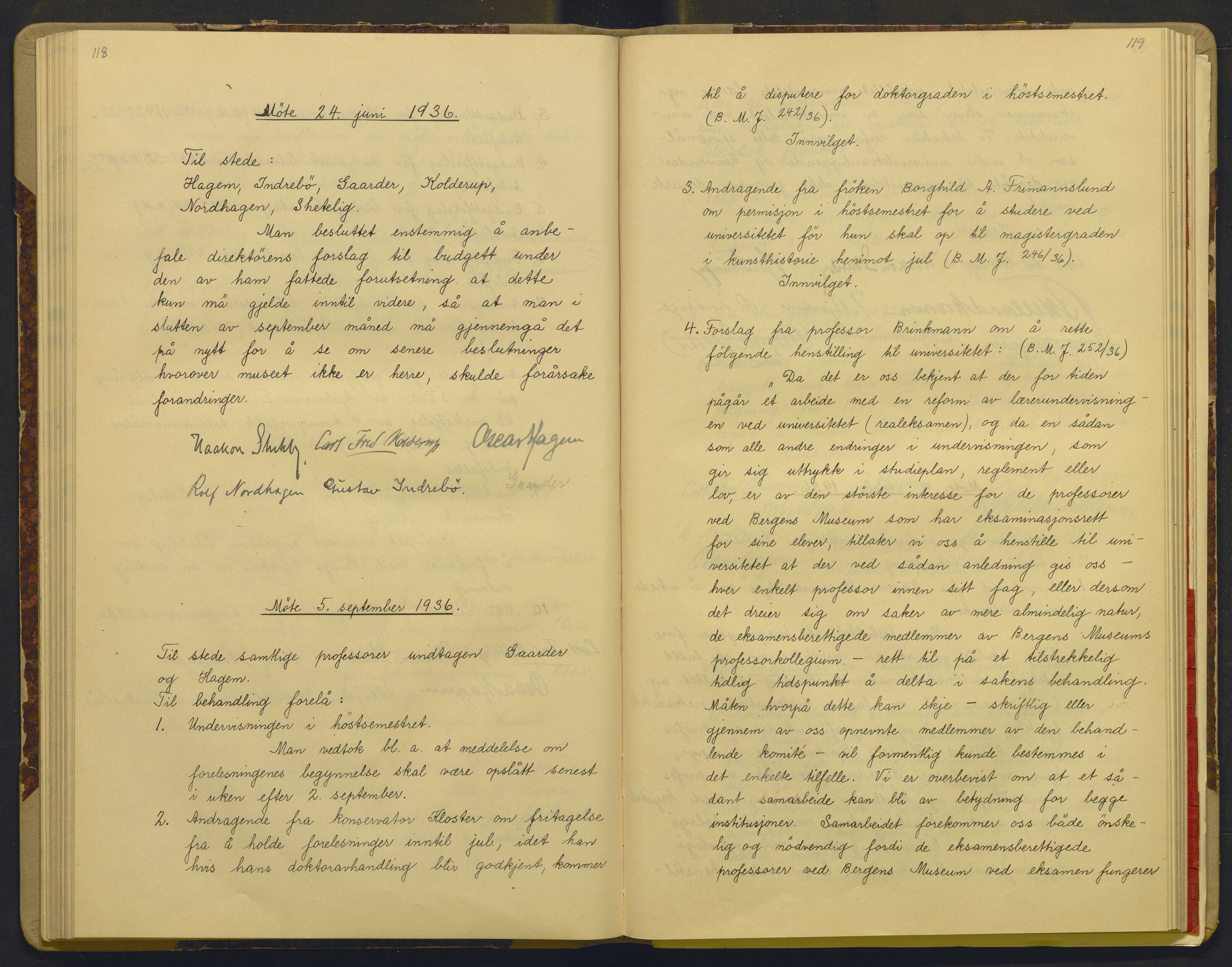 Bergens Museum, AV/SAB-A-17301/18/A/L0002: Professorkollegiets forhandlingsprotokoll med register , 1927-1939, p. 118-119