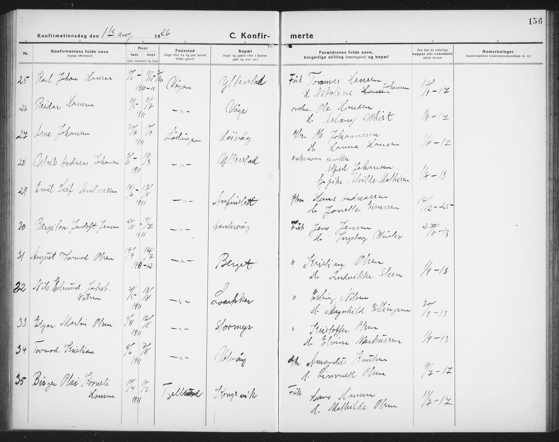 Ministerialprotokoller, klokkerbøker og fødselsregistre - Nordland, AV/SAT-A-1459/872/L1049: Parish register (copy) no. 872C05, 1920-1938, p. 156