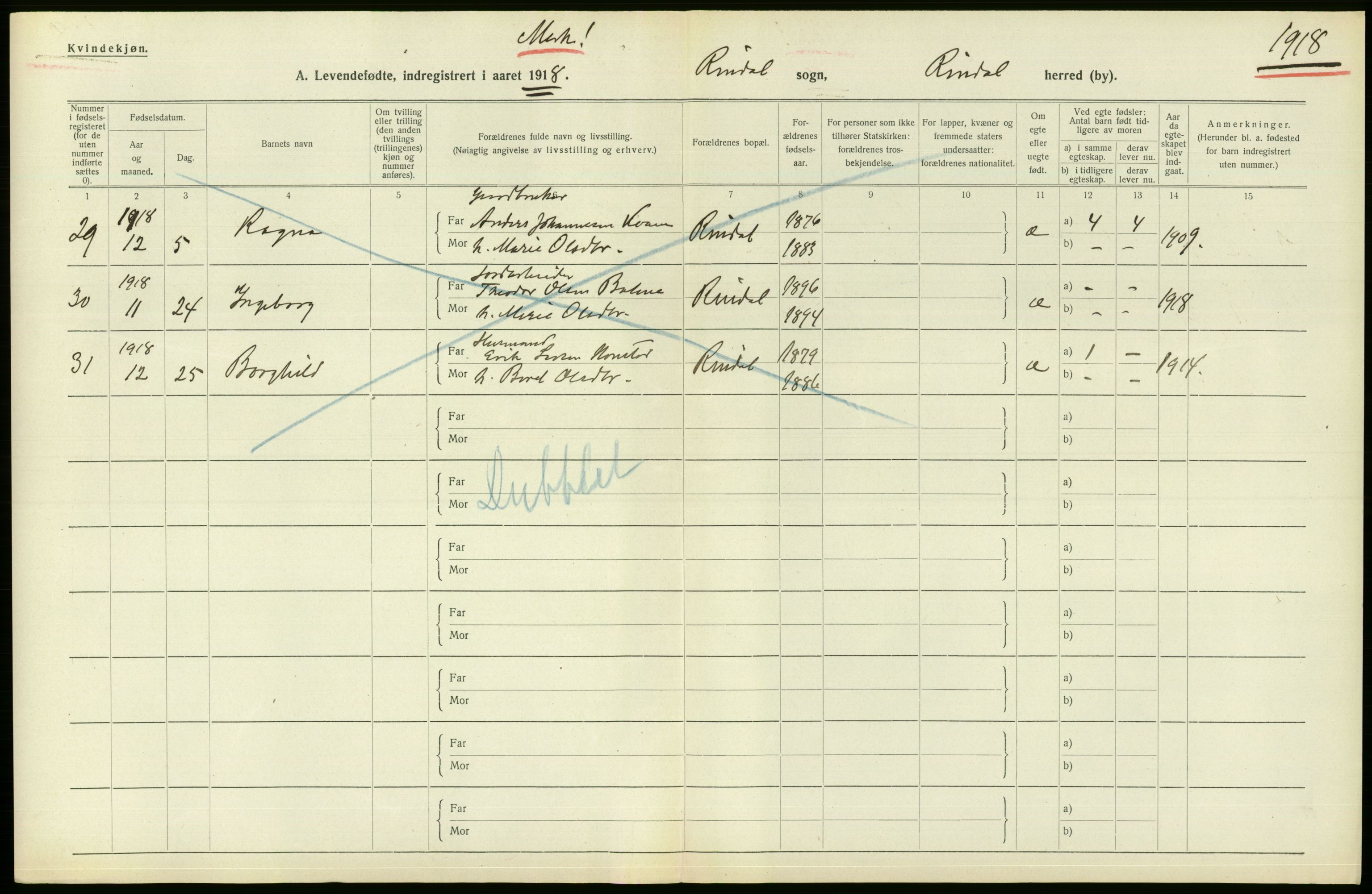 Statistisk sentralbyrå, Sosiodemografiske emner, Befolkning, RA/S-2228/D/Df/Dfb/Dfbh/L0043: Møre fylke: Levendefødte menn og kvinner. Bygder., 1918, p. 122