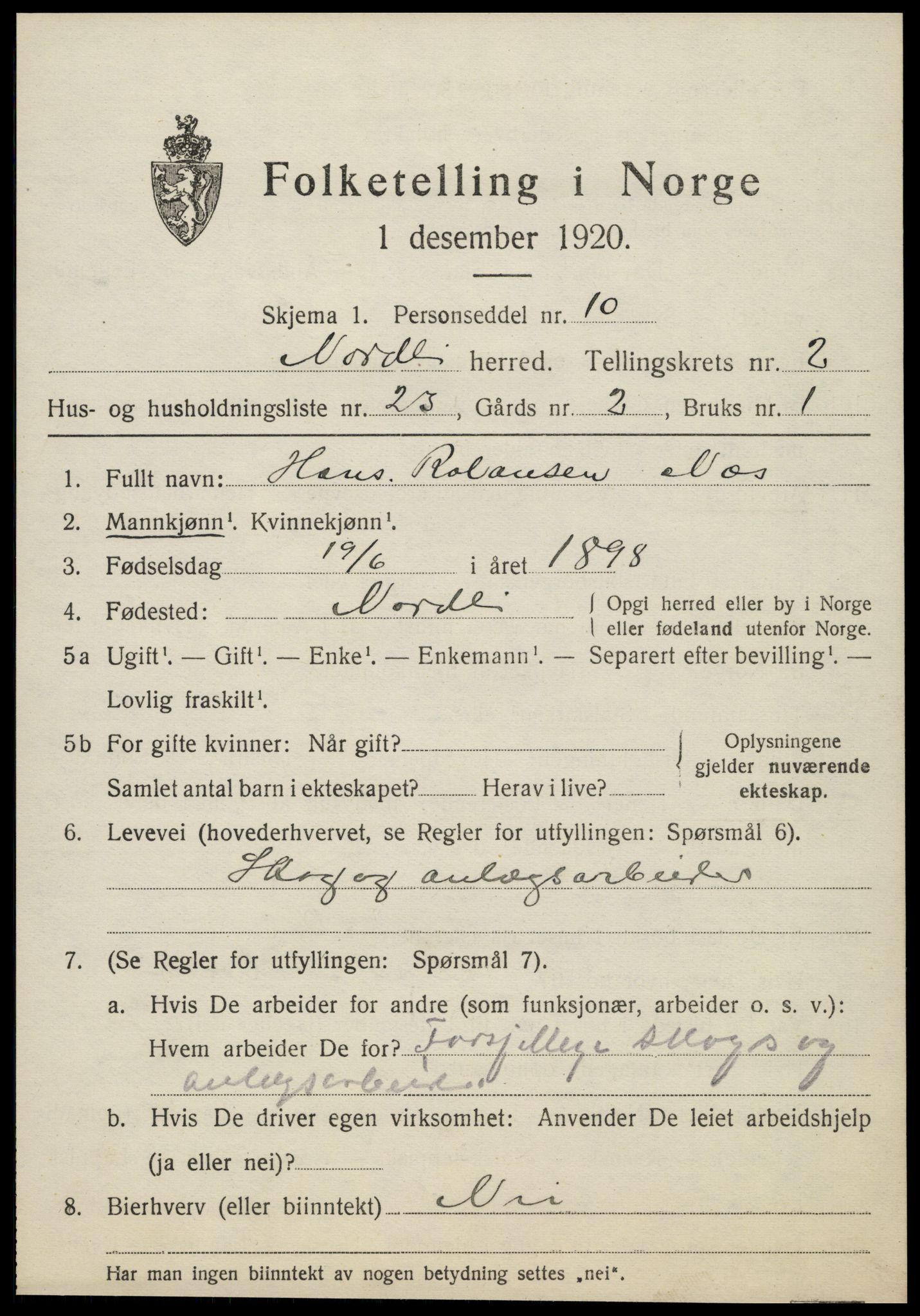 SAT, 1920 census for Nordli, 1920, p. 1095