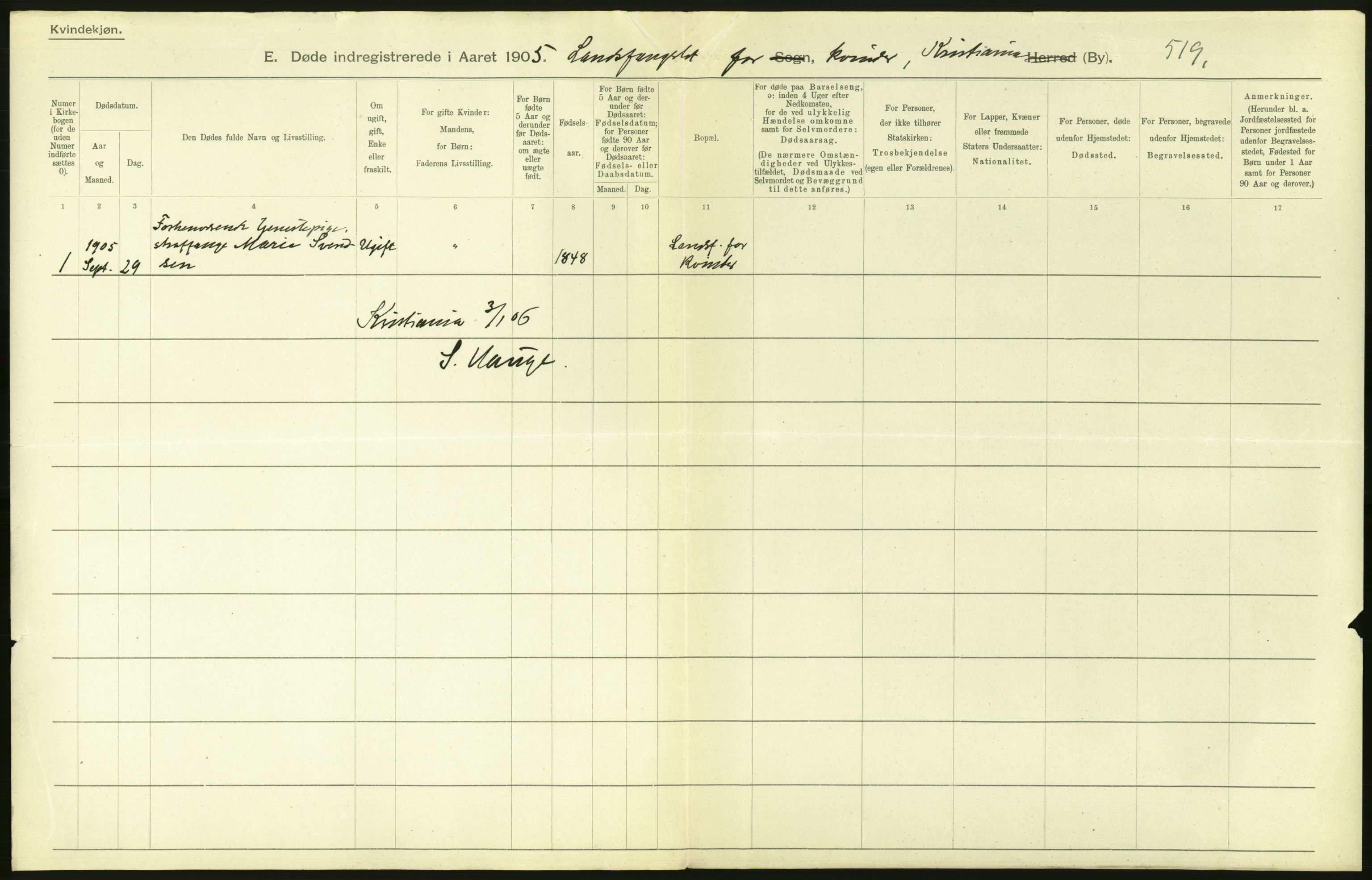 Statistisk sentralbyrå, Sosiodemografiske emner, Befolkning, RA/S-2228/D/Df/Dfa/Dfac/L0007a: Kristiania: Døde, dødfødte., 1905, p. 662