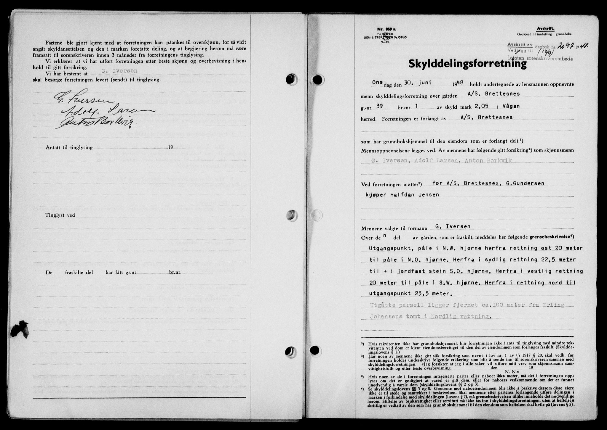 Lofoten sorenskriveri, SAT/A-0017/1/2/2C/L0019a: Mortgage book no. 19a, 1948-1948, Diary no: : 2097/1948