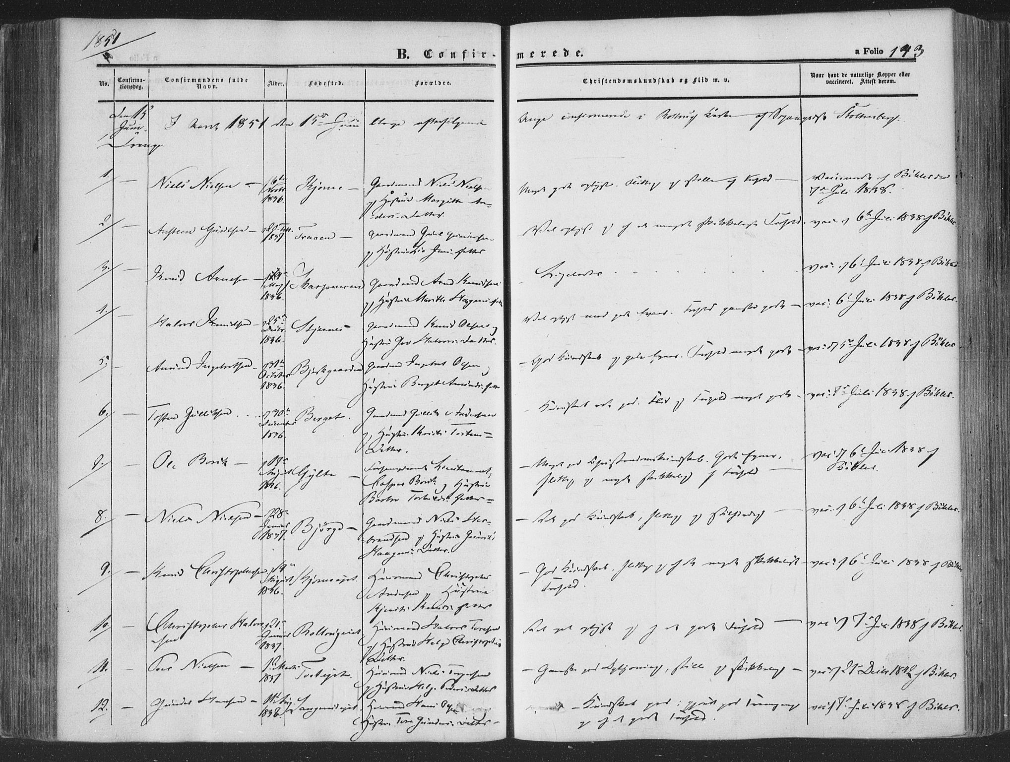 Rollag kirkebøker, SAKO/A-240/F/Fa/L0008: Parish register (official) no. I 8, 1847-1860, p. 143
