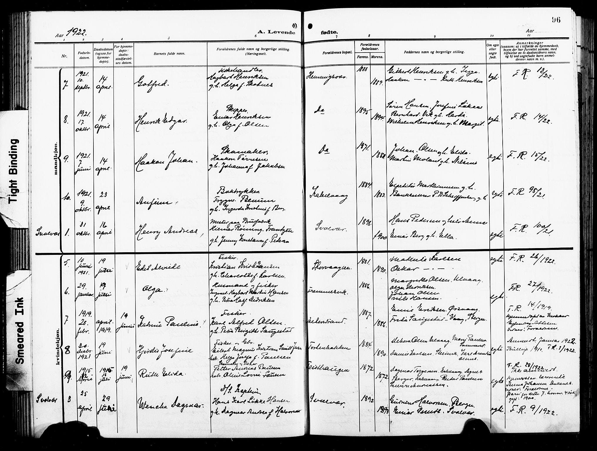 Ministerialprotokoller, klokkerbøker og fødselsregistre - Nordland, AV/SAT-A-1459/874/L1080: Parish register (copy) no. 874C09, 1915-1925, p. 96