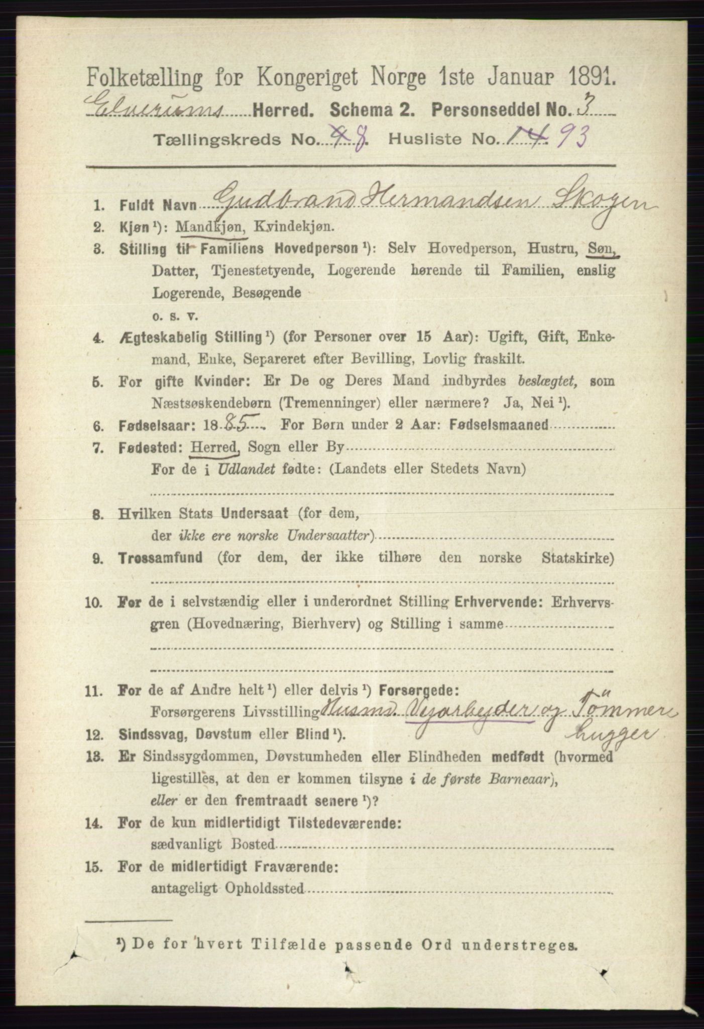 RA, 1891 census for 0427 Elverum, 1891, p. 7599