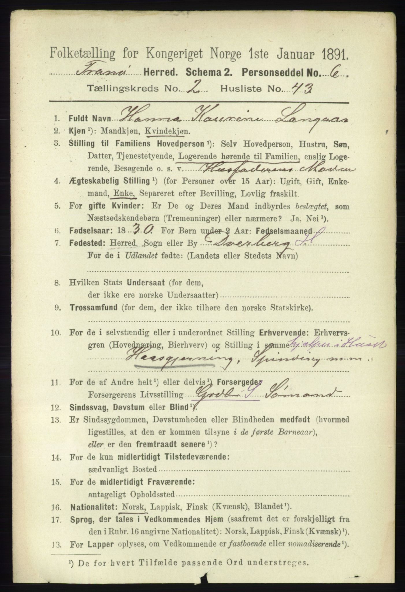 RA, 1891 census for 1927 Tranøy, 1891, p. 784