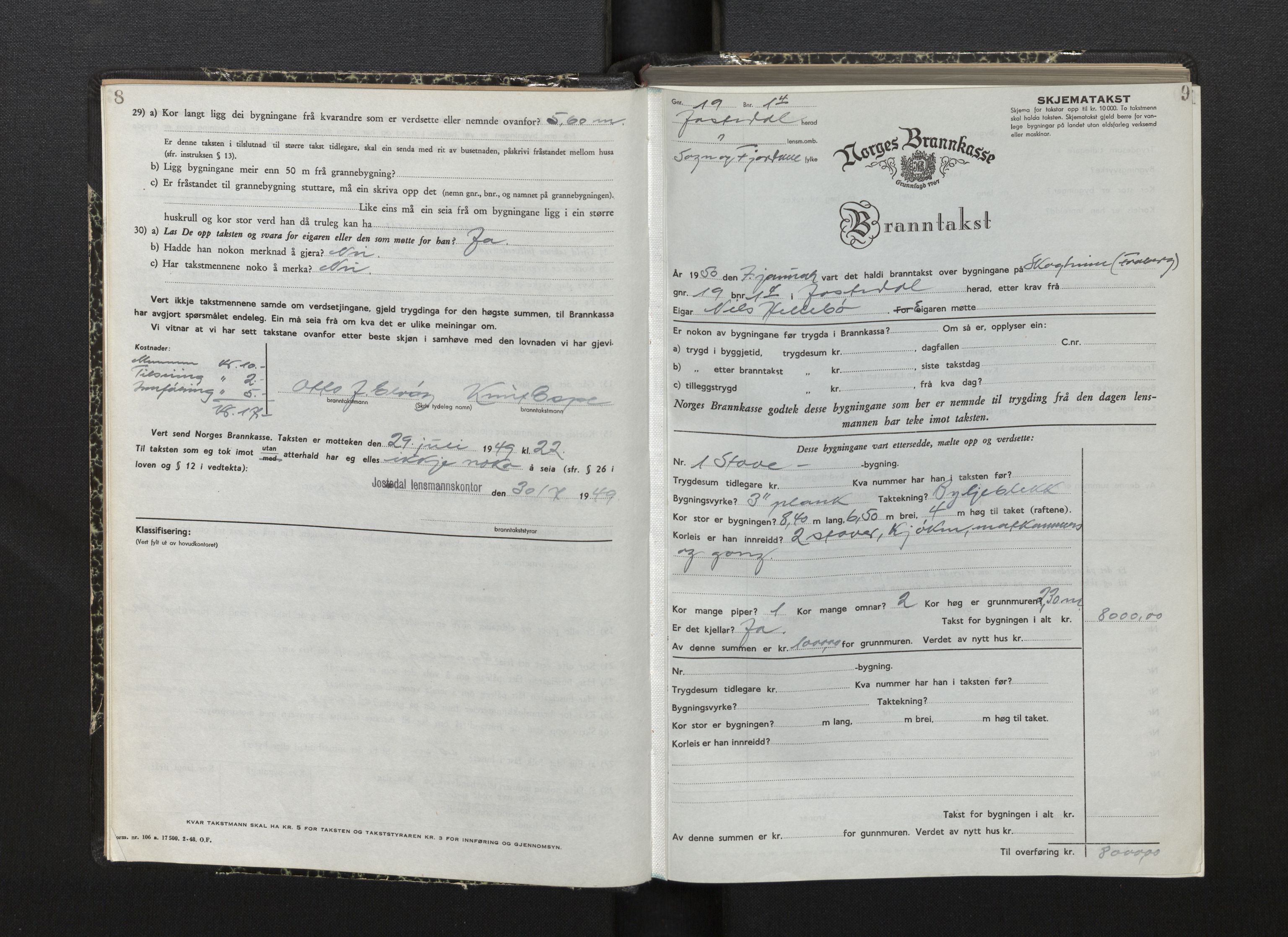Lensmannen i Jostedal, AV/SAB-A-28601/0012/L0007: Branntakstprotokoll, skjematakst, 1949-1955, p. 8-9