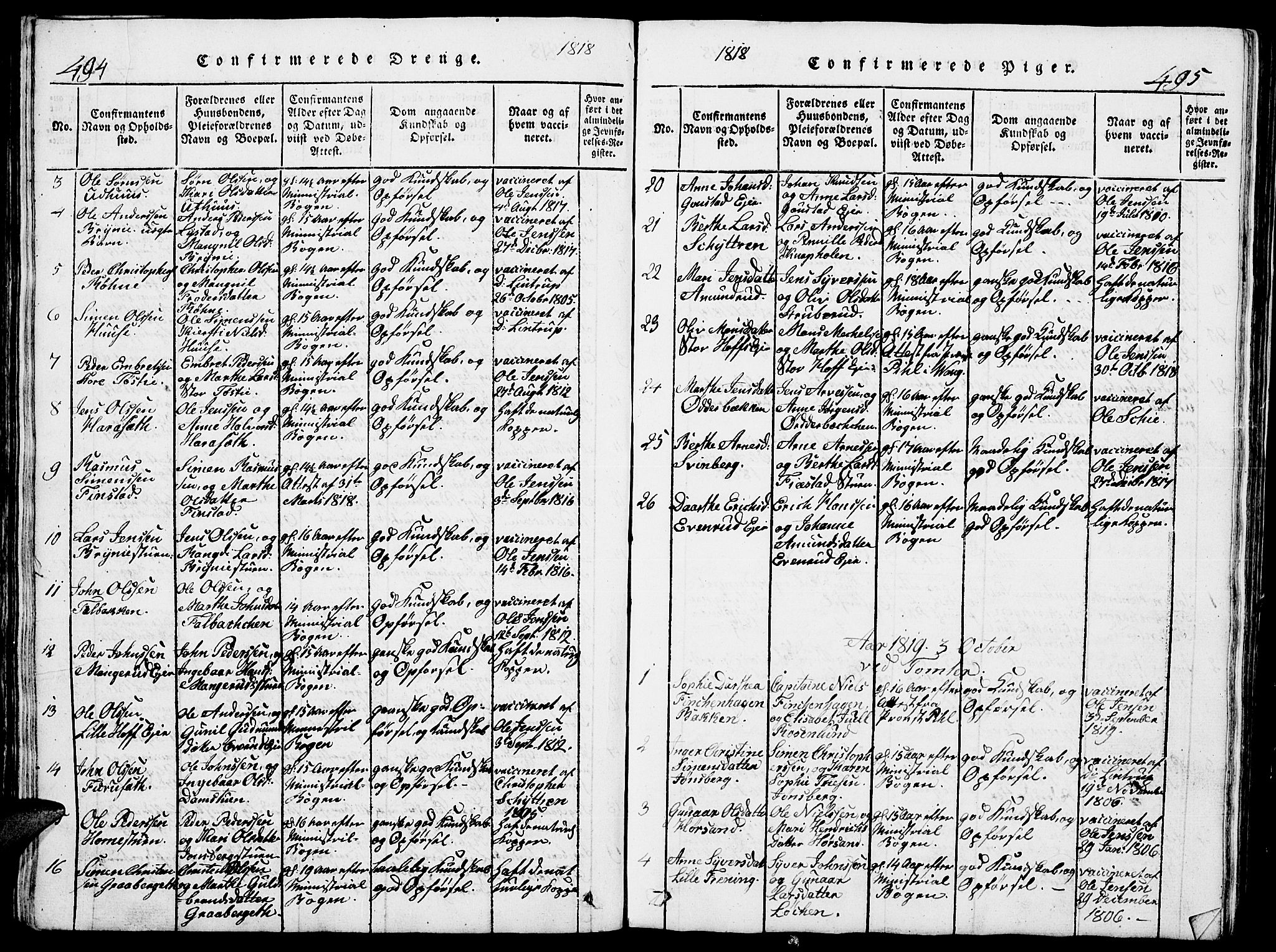 Romedal prestekontor, SAH/PREST-004/L/L0005: Parish register (copy) no. 5, 1814-1829, p. 494-495