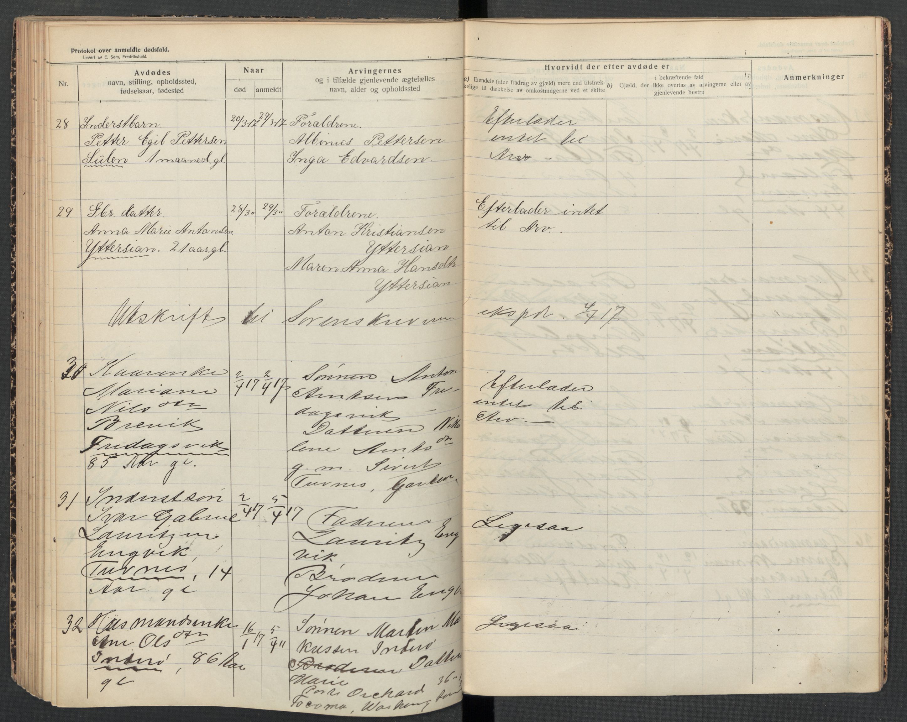 Frøya lensmannskontor, AV/SAT-A-1050/2/Ga/L0002: Dødsfallsprotokoll  (løse ark / vedlegg, se Yb 2), 1913-1918