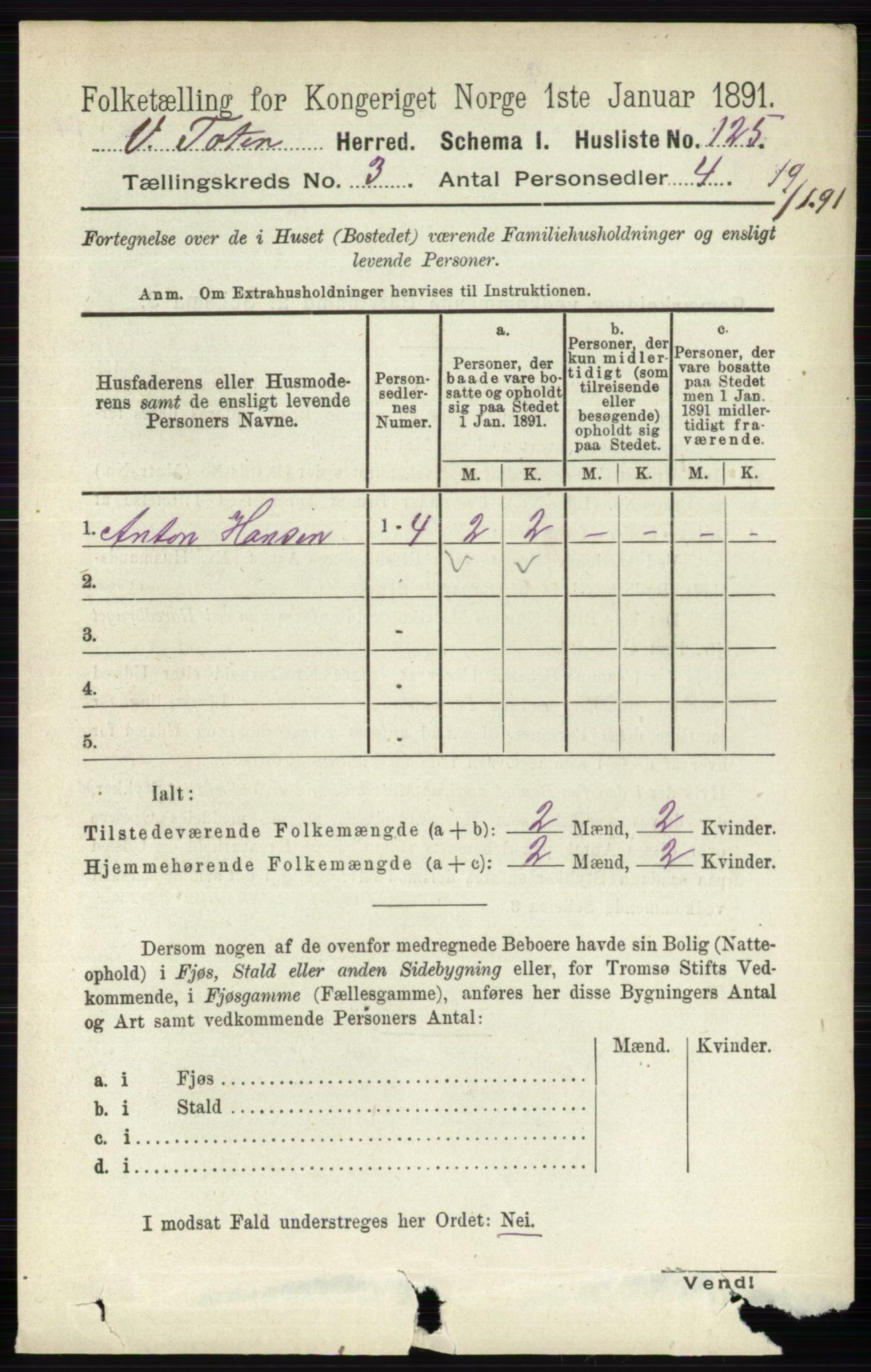 RA, 1891 census for 0529 Vestre Toten, 1891, p. 1990