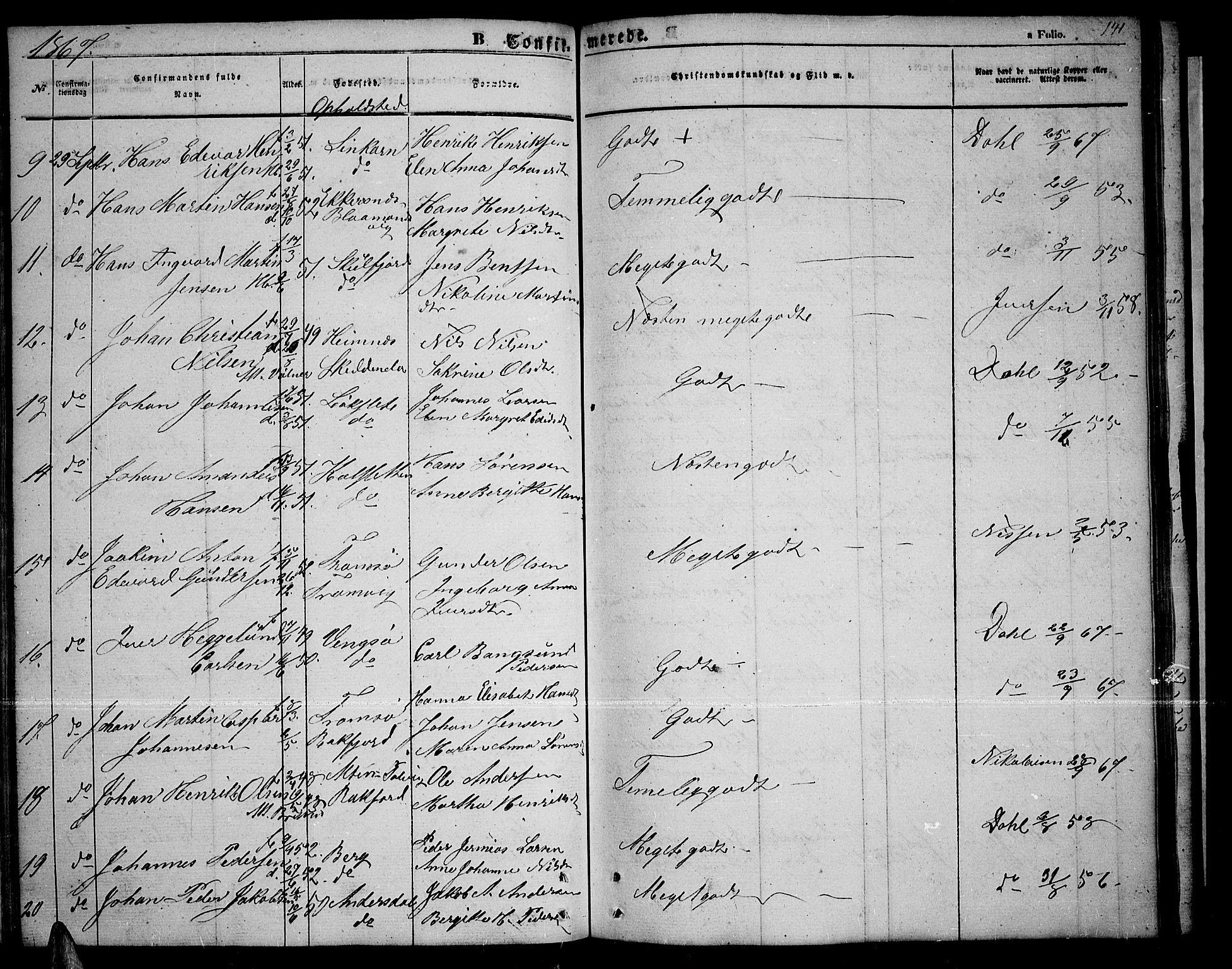 Tromsøysund sokneprestkontor, AV/SATØ-S-1304/G/Gb/L0001klokker: Parish register (copy) no. 1, 1857-1869, p. 141