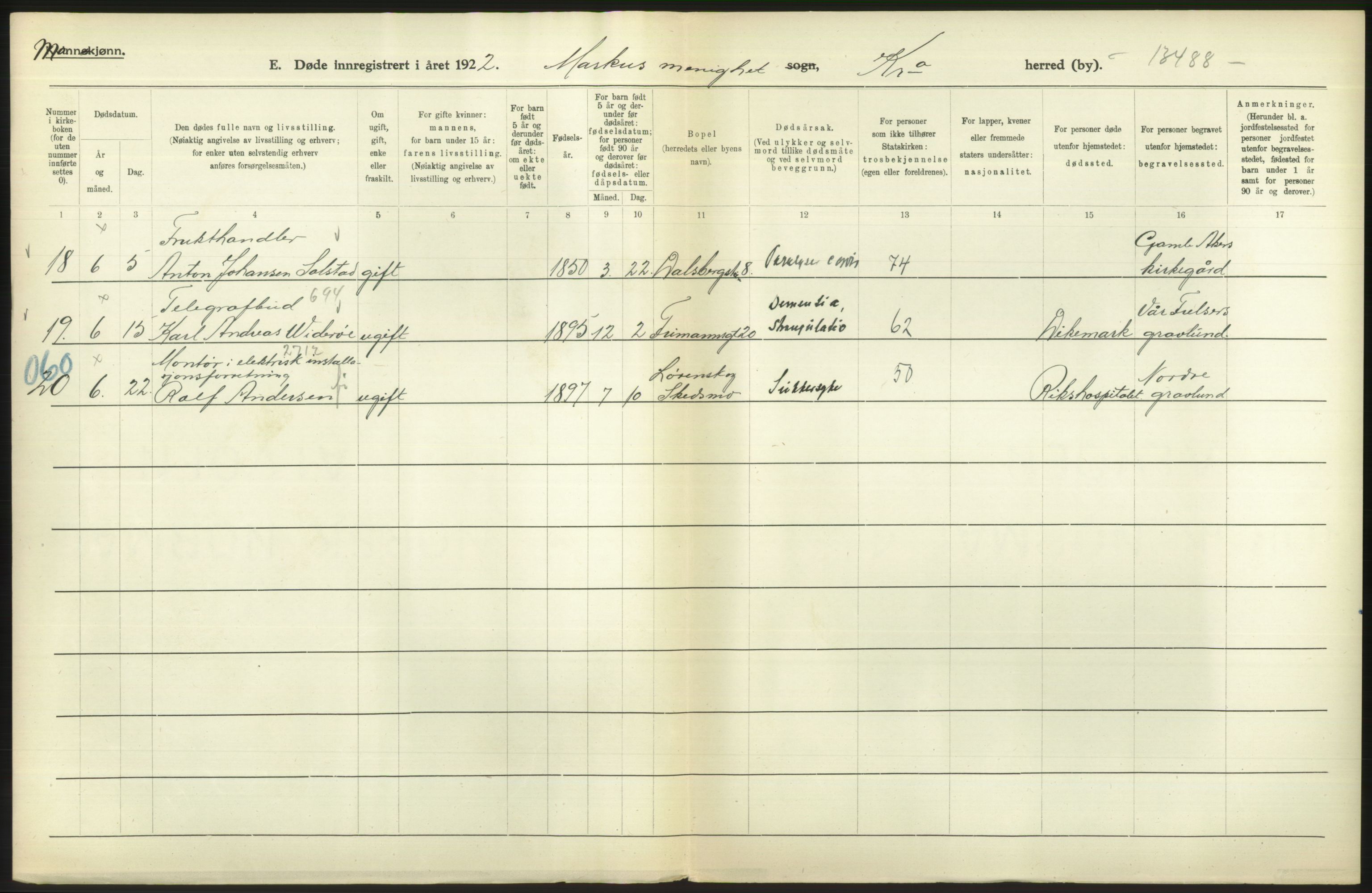 Statistisk sentralbyrå, Sosiodemografiske emner, Befolkning, AV/RA-S-2228/D/Df/Dfc/Dfcb/L0009: Kristiania: Døde, 1922, p. 476