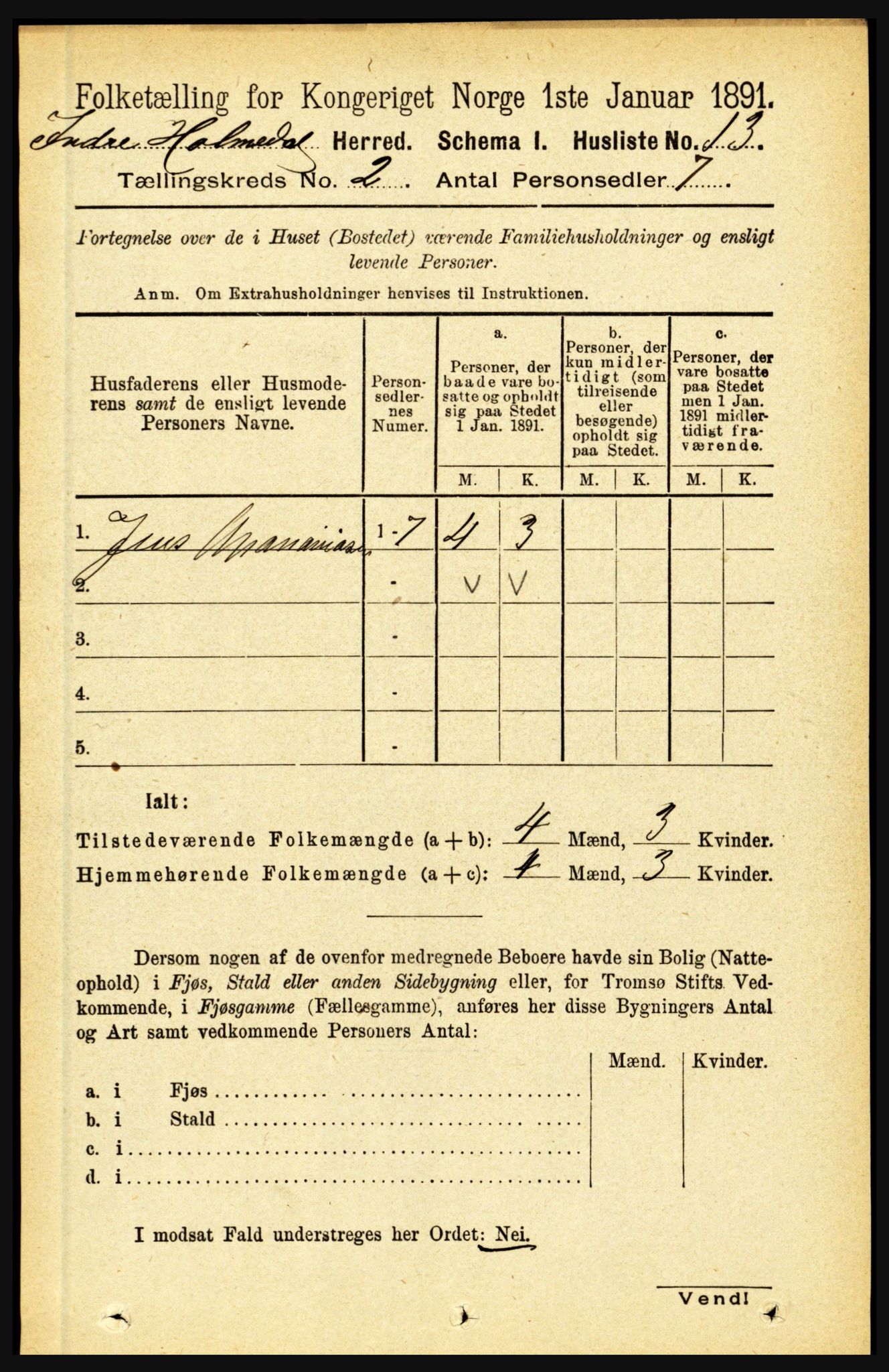 RA, 1891 census for 1430 Indre Holmedal, 1891, p. 413