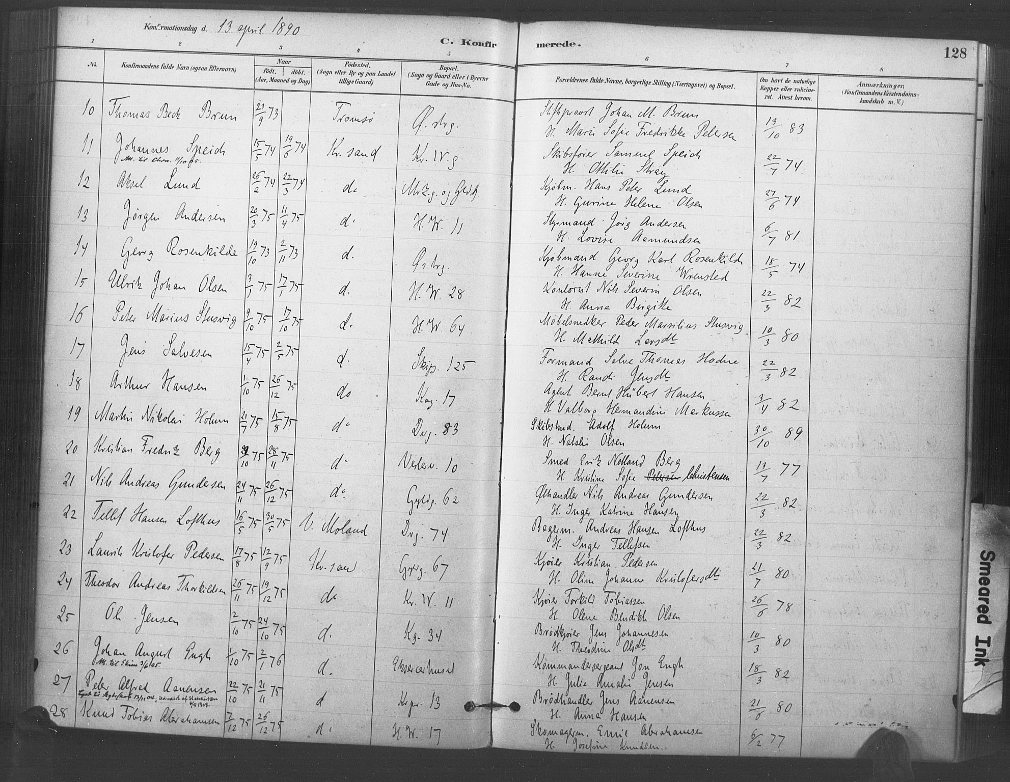 Kristiansand domprosti, AV/SAK-1112-0006/F/Fa/L0018: Parish register (official) no. A 17, 1880-1892, p. 128