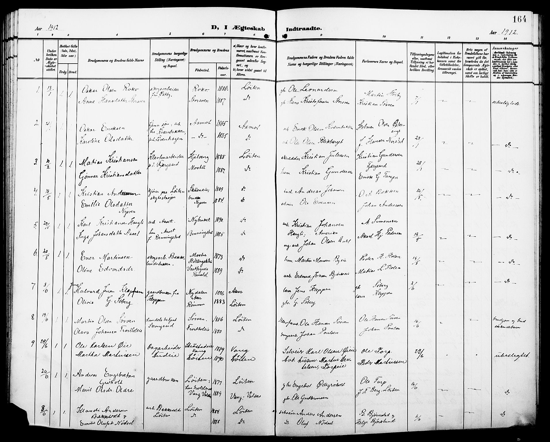 Løten prestekontor, SAH/PREST-022/L/La/L0007: Parish register (copy) no. 7, 1910-1919, p. 164