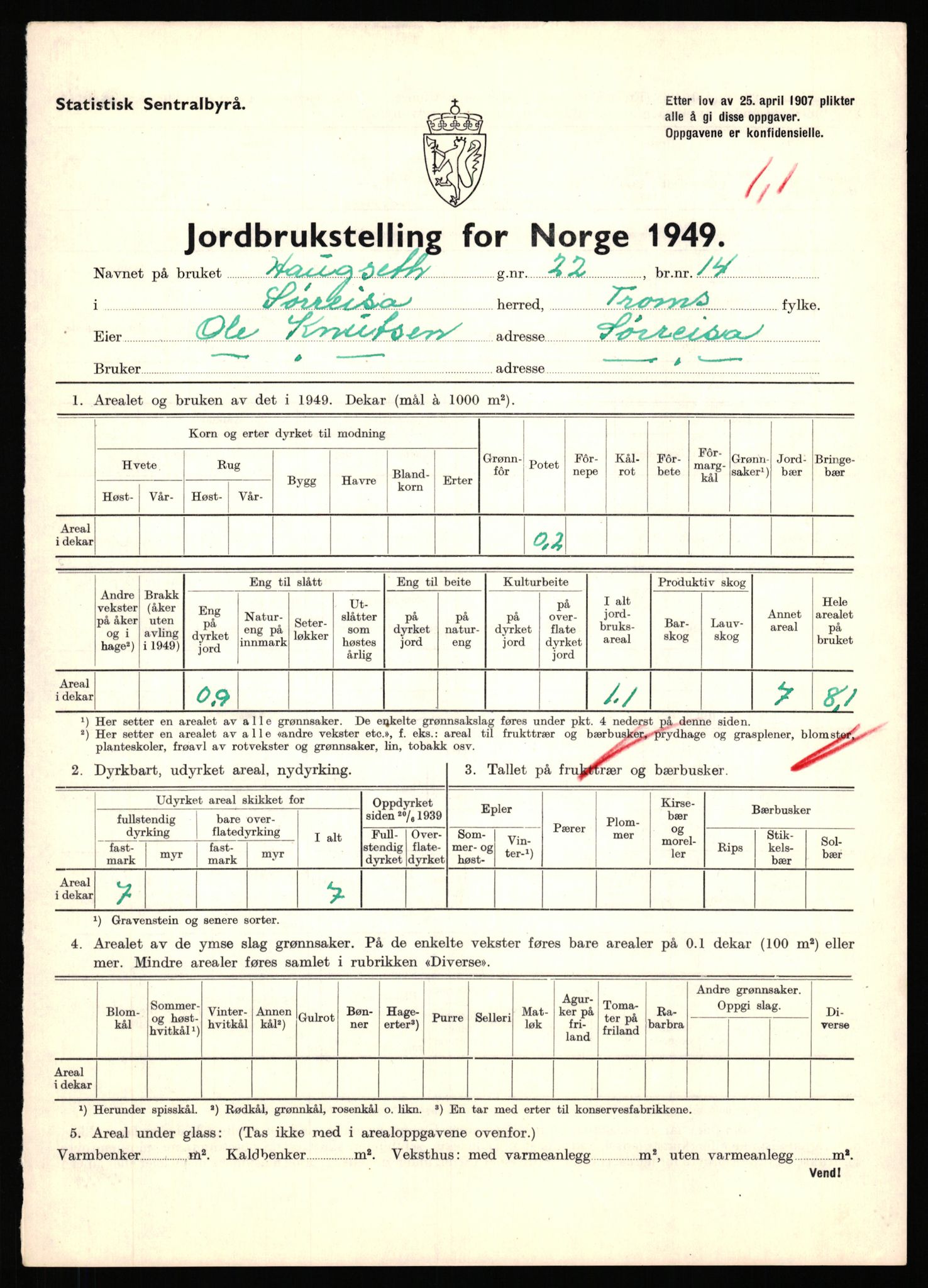 Statistisk sentralbyrå, Næringsøkonomiske emner, Jordbruk, skogbruk, jakt, fiske og fangst, AV/RA-S-2234/G/Gc/L0440: Troms: Sørreisa og Dyrøy, 1949, p. 20
