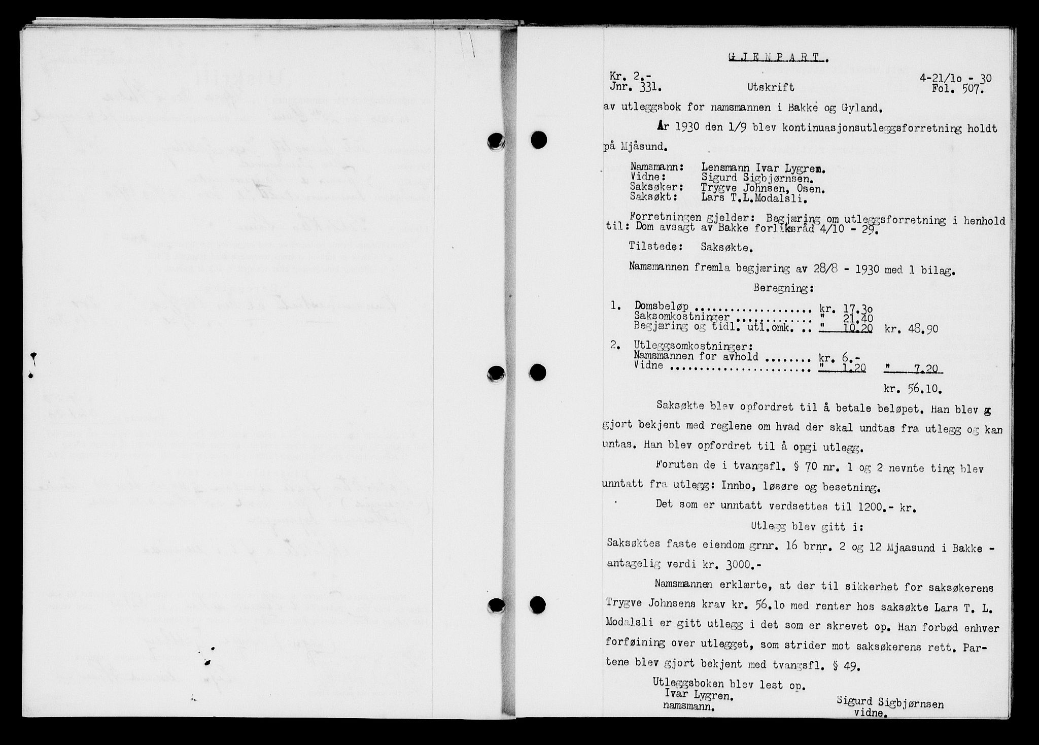 Flekkefjord sorenskriveri, AV/SAK-1221-0001/G/Gb/Gba/L0046: Mortgage book no. 44, 1930-1931, Deed date: 21.10.1930