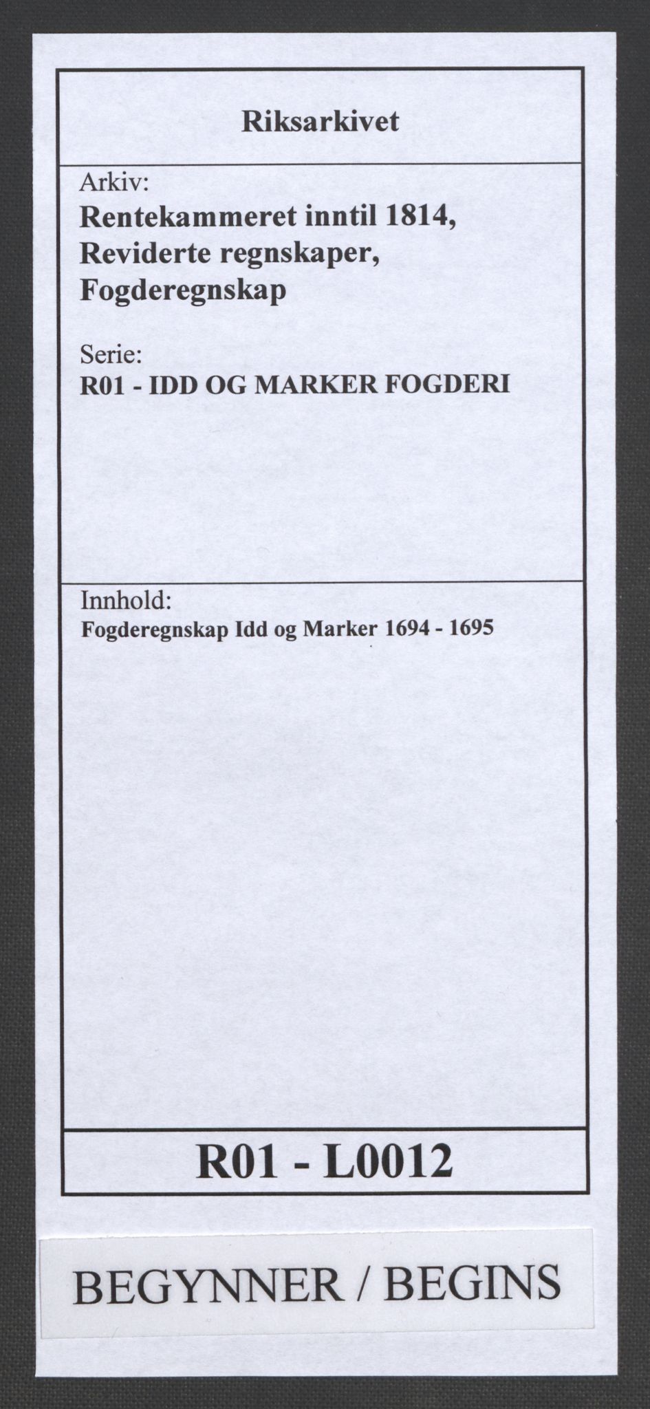 Rentekammeret inntil 1814, Reviderte regnskaper, Fogderegnskap, RA/EA-4092/R01/L0012: Fogderegnskap Idd og Marker, 1694-1695, p. 1