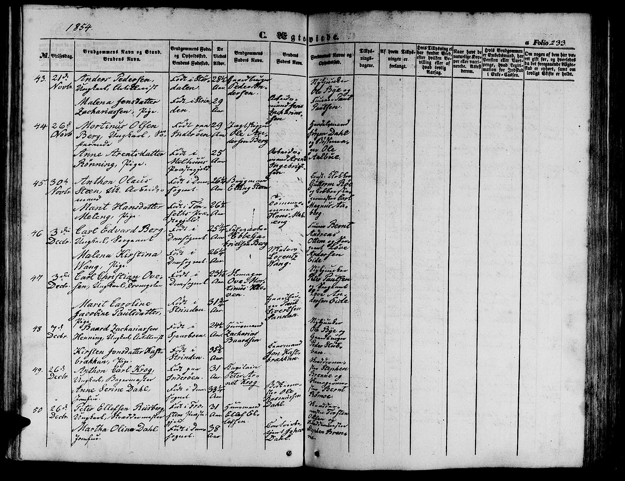 Ministerialprotokoller, klokkerbøker og fødselsregistre - Sør-Trøndelag, AV/SAT-A-1456/602/L0137: Parish register (copy) no. 602C05, 1846-1856, p. 233