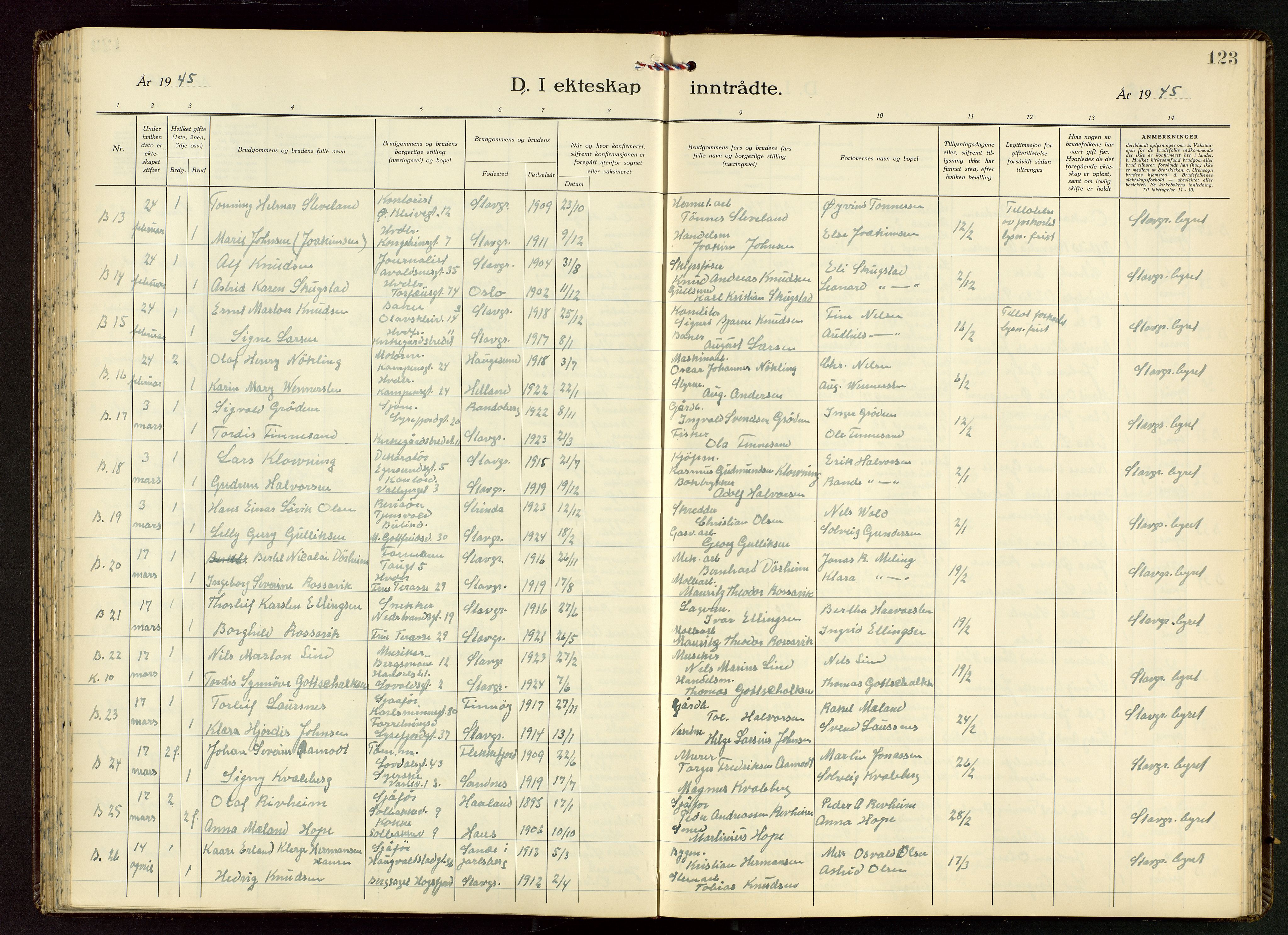 Domkirken sokneprestkontor, AV/SAST-A-101812/001/30/30BB/L0022: Parish register (copy) no. B 22, 1937-1949, p. 123